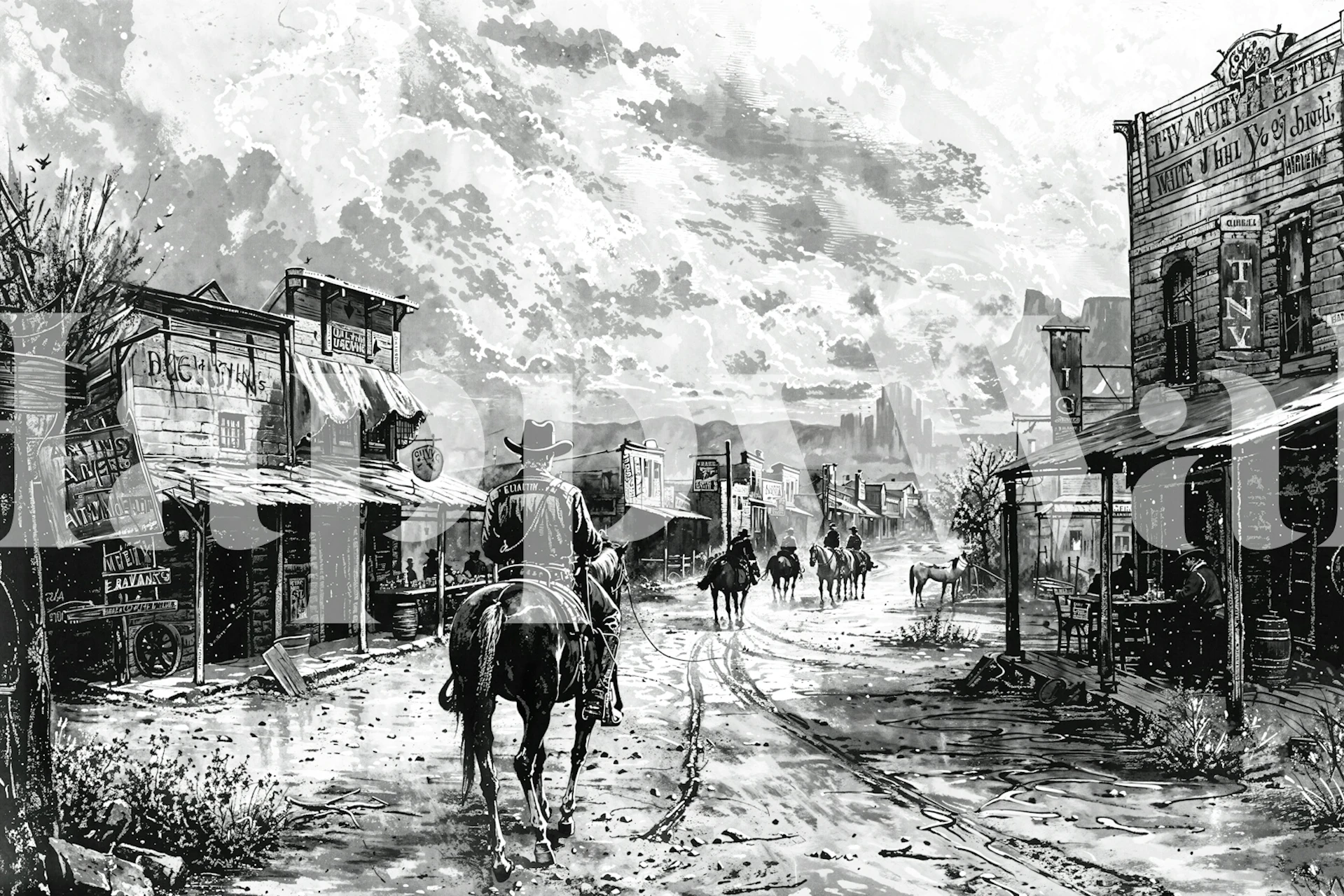 Wild West wallpaper in room with cowboy street scene