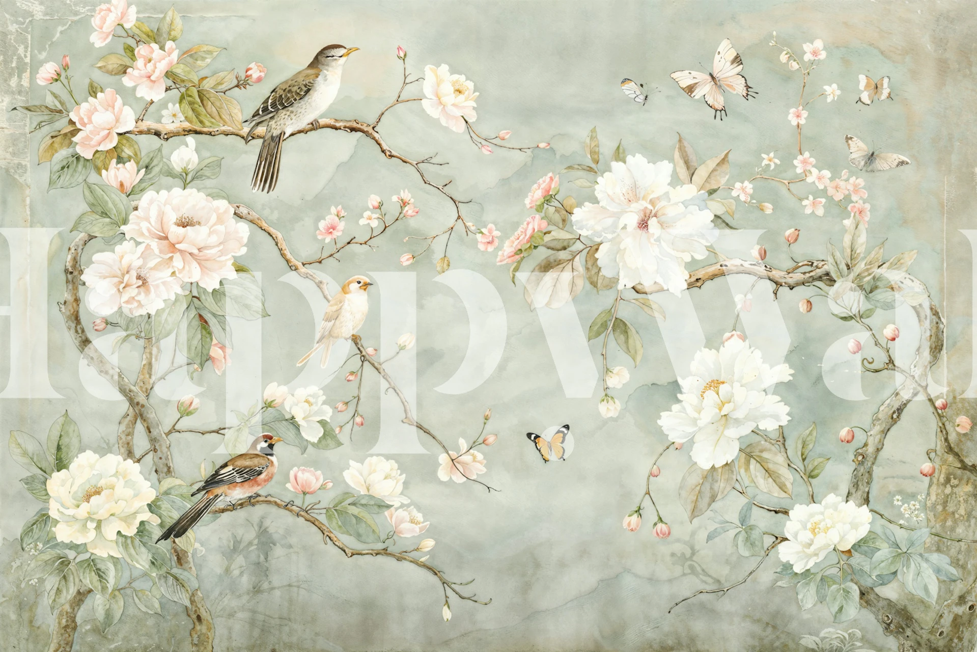 Chinoiserie floral wallpaper in a soft room