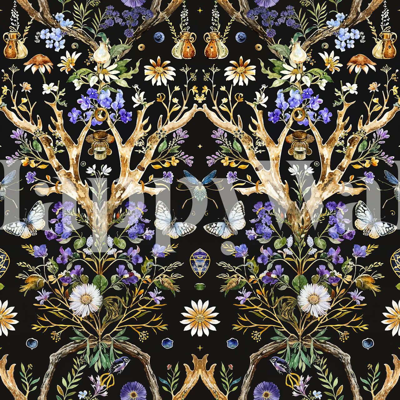 Dark botanical wallpaper in a styled room