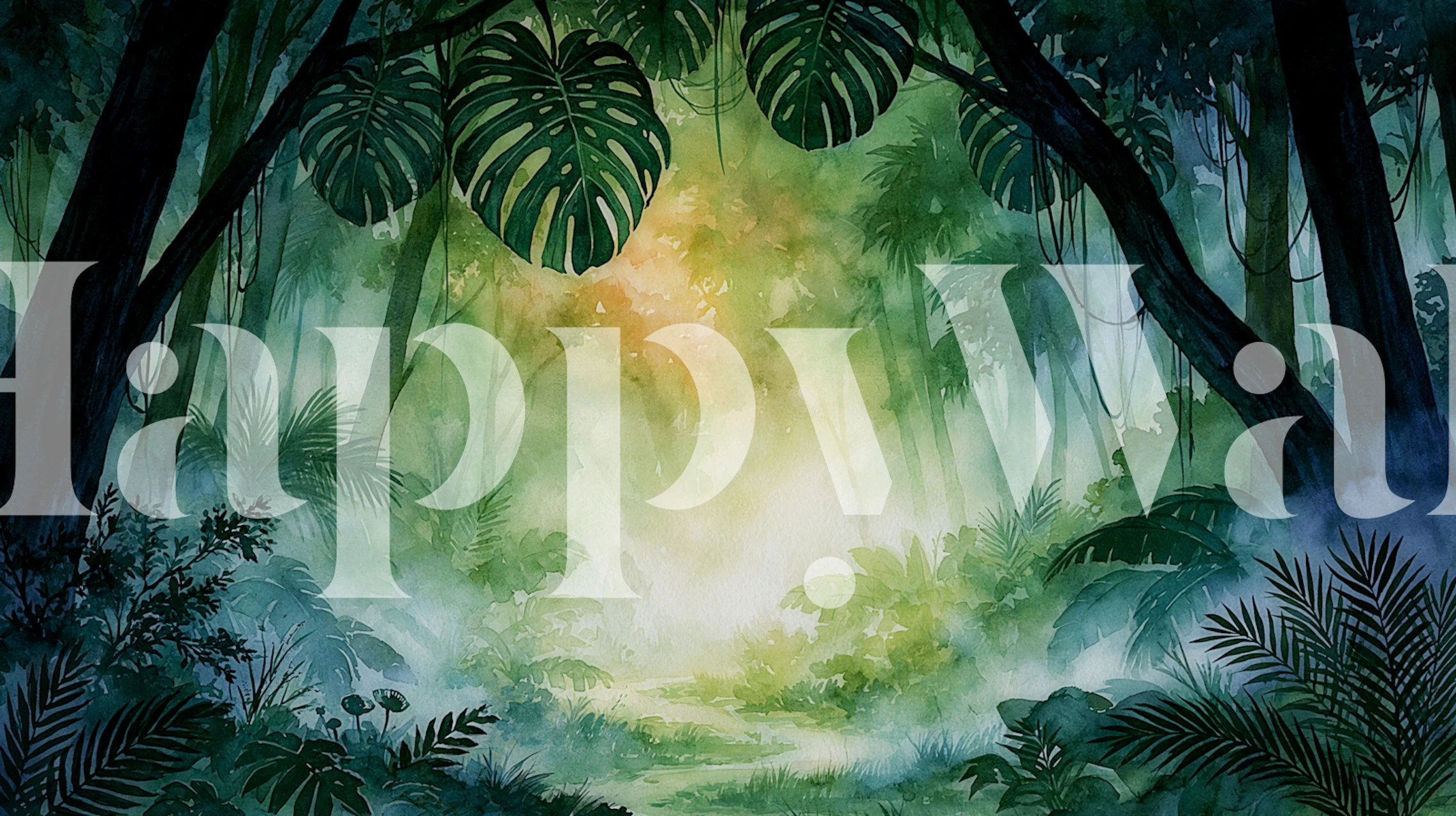 Misty tropical rainforest wallpaper in a room