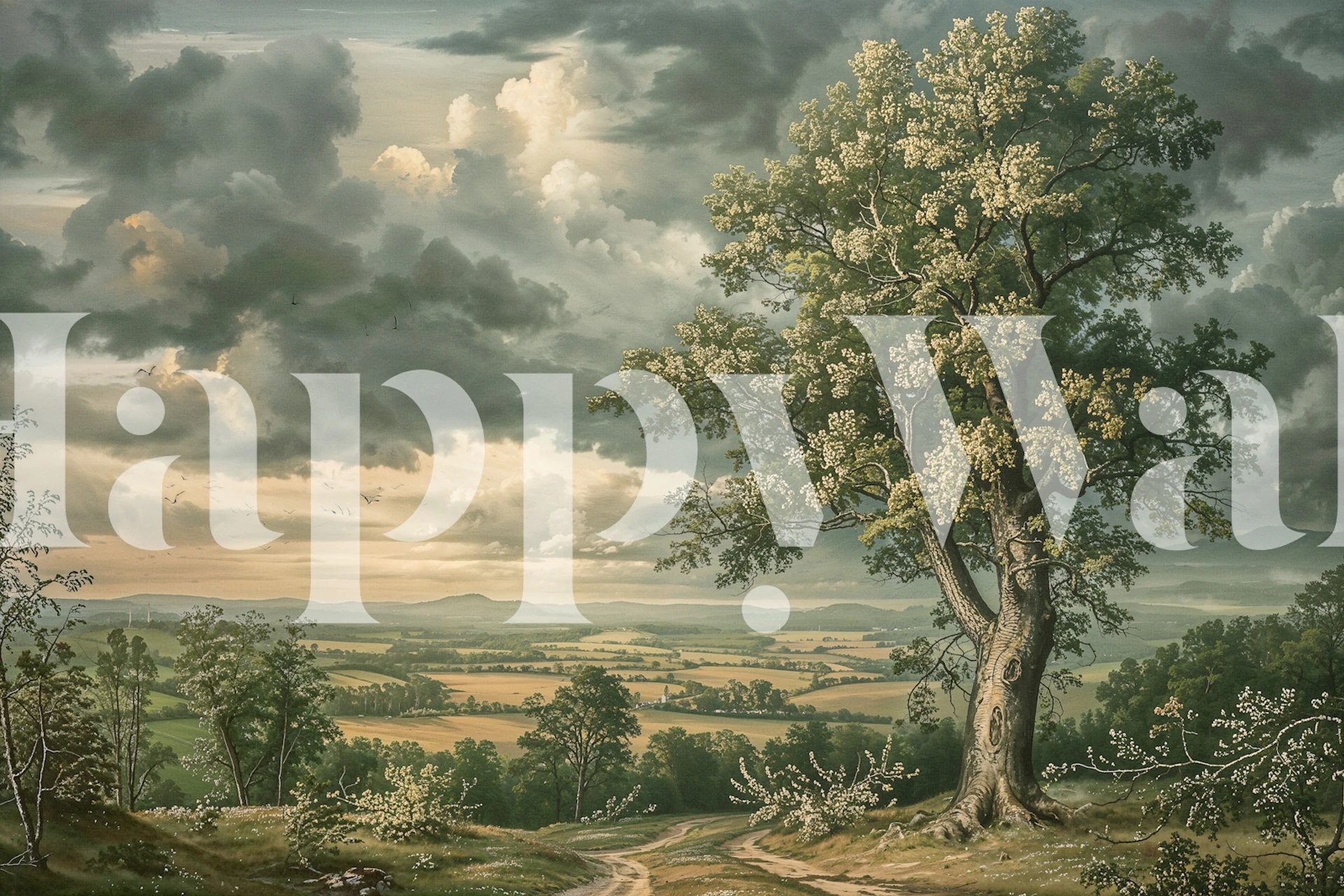 Oak tree wallpaper in a room with stormy sky
