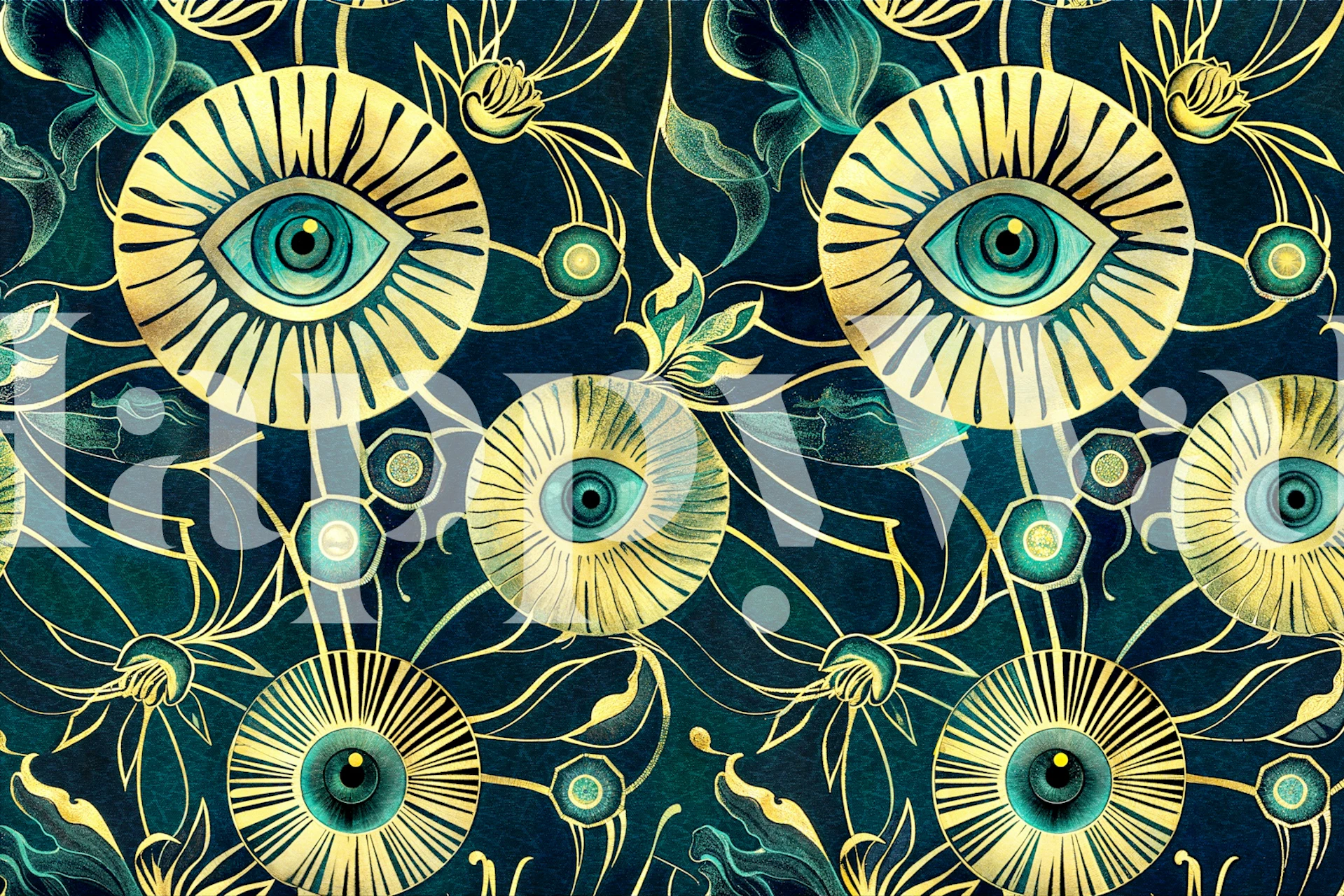 Golden evil eye wallpaper in a styled room
