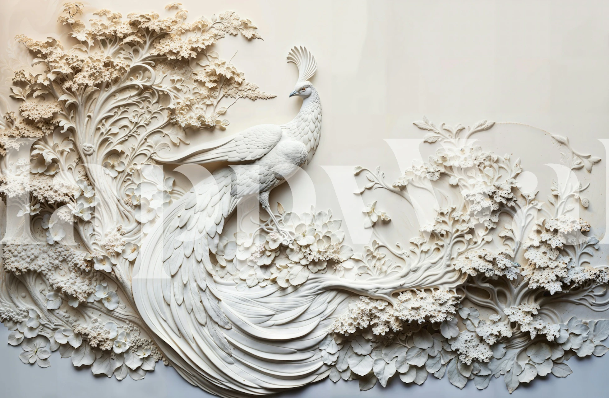 White peacock floral relief wallpaper in room