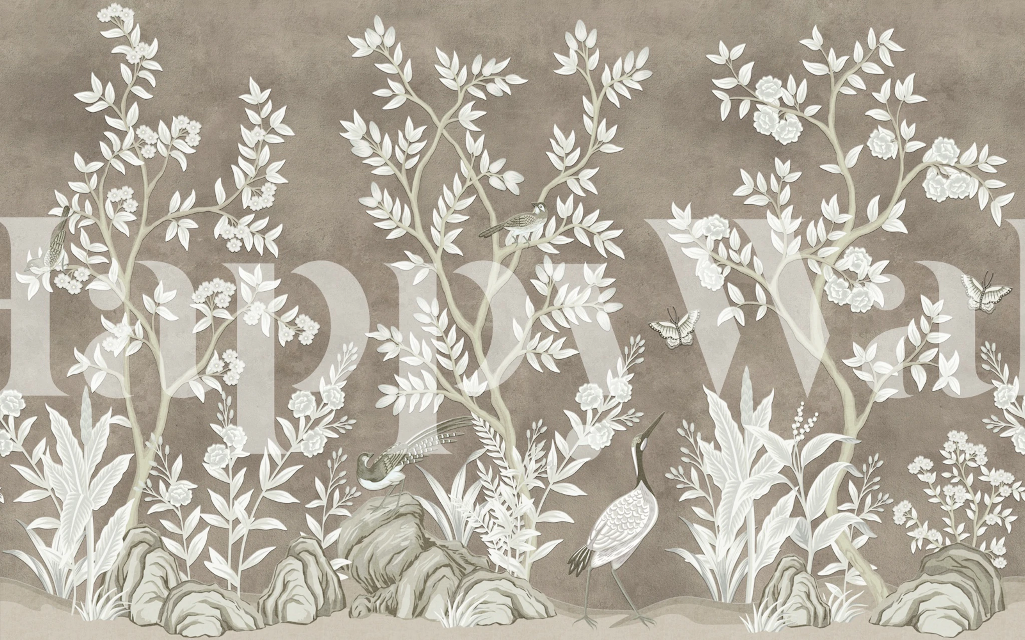 Sepia chinoiserie garden wallpaper in a room