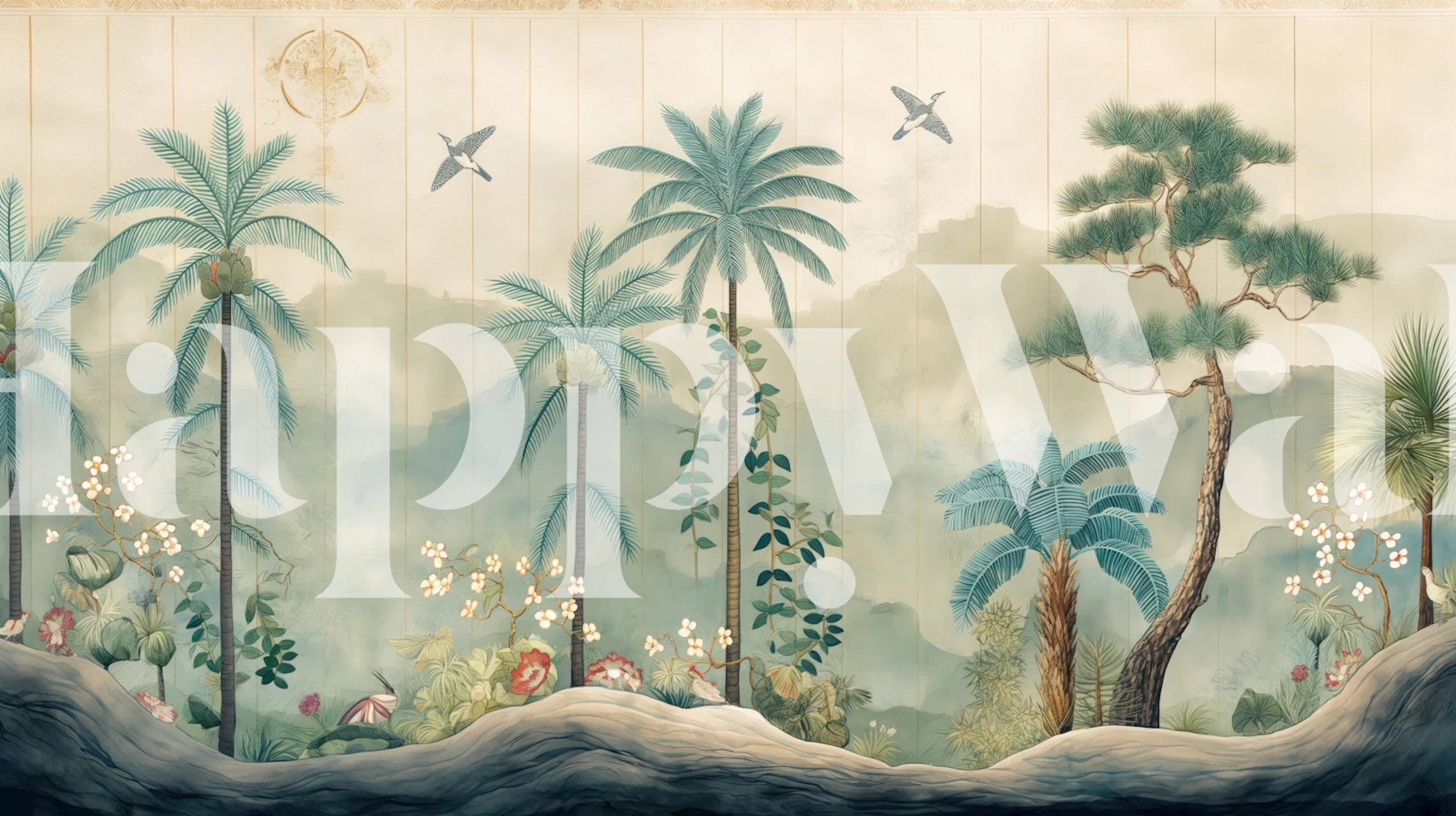 Misty tropical palm wallpaper in a serene room