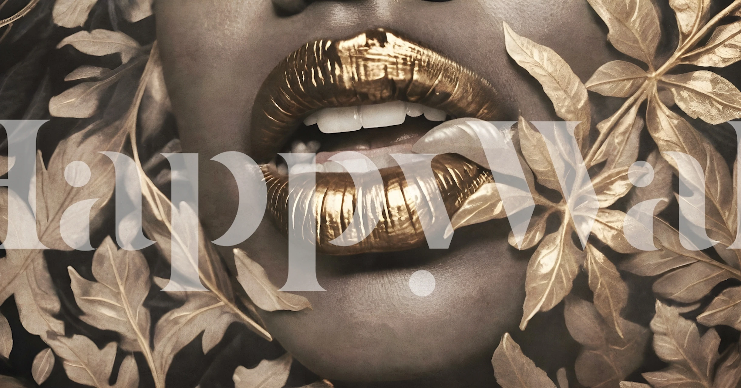 Golden lips botanical wallpaper in a modern room