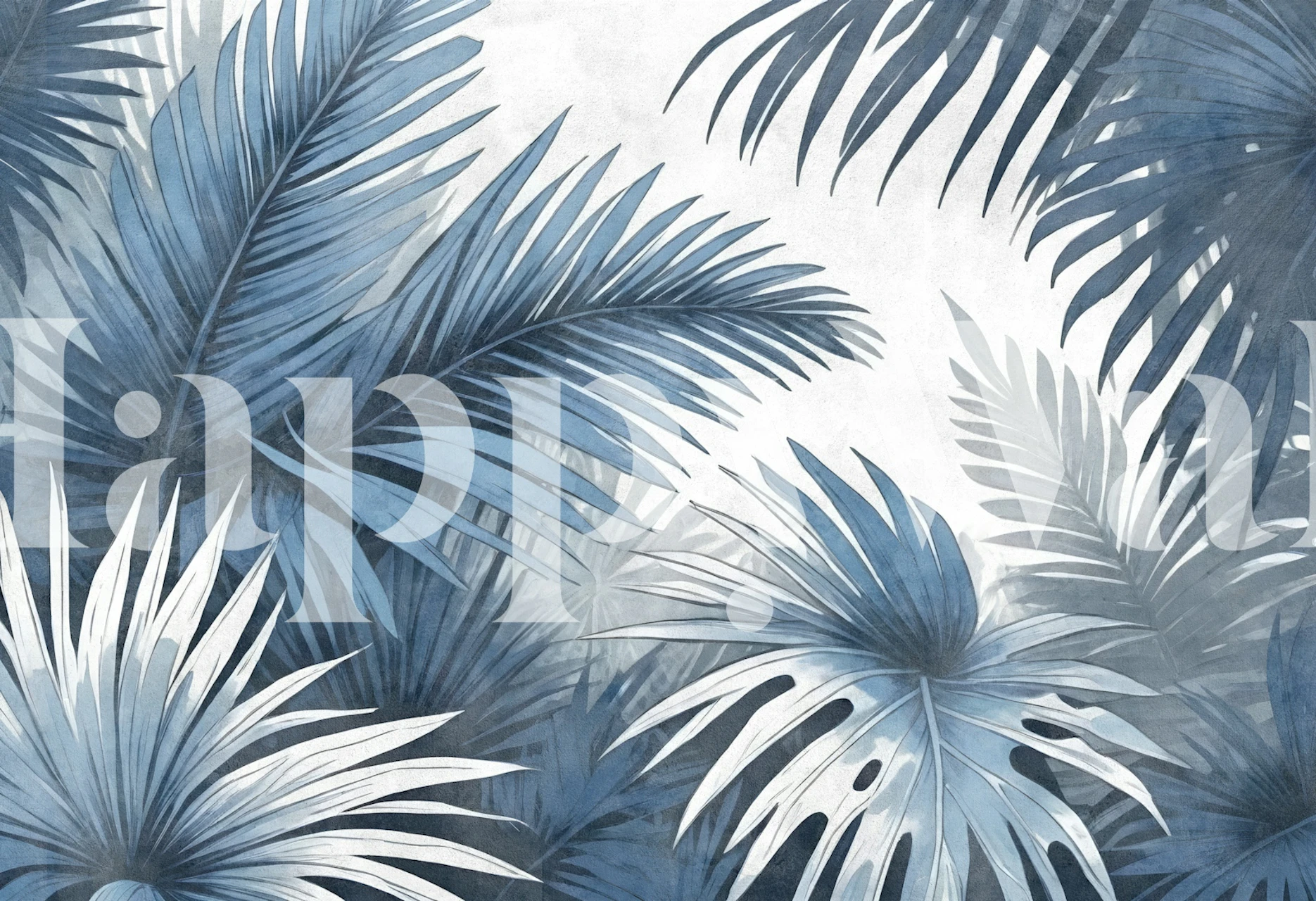 Blue tropical palm leaf wallpaper in a room