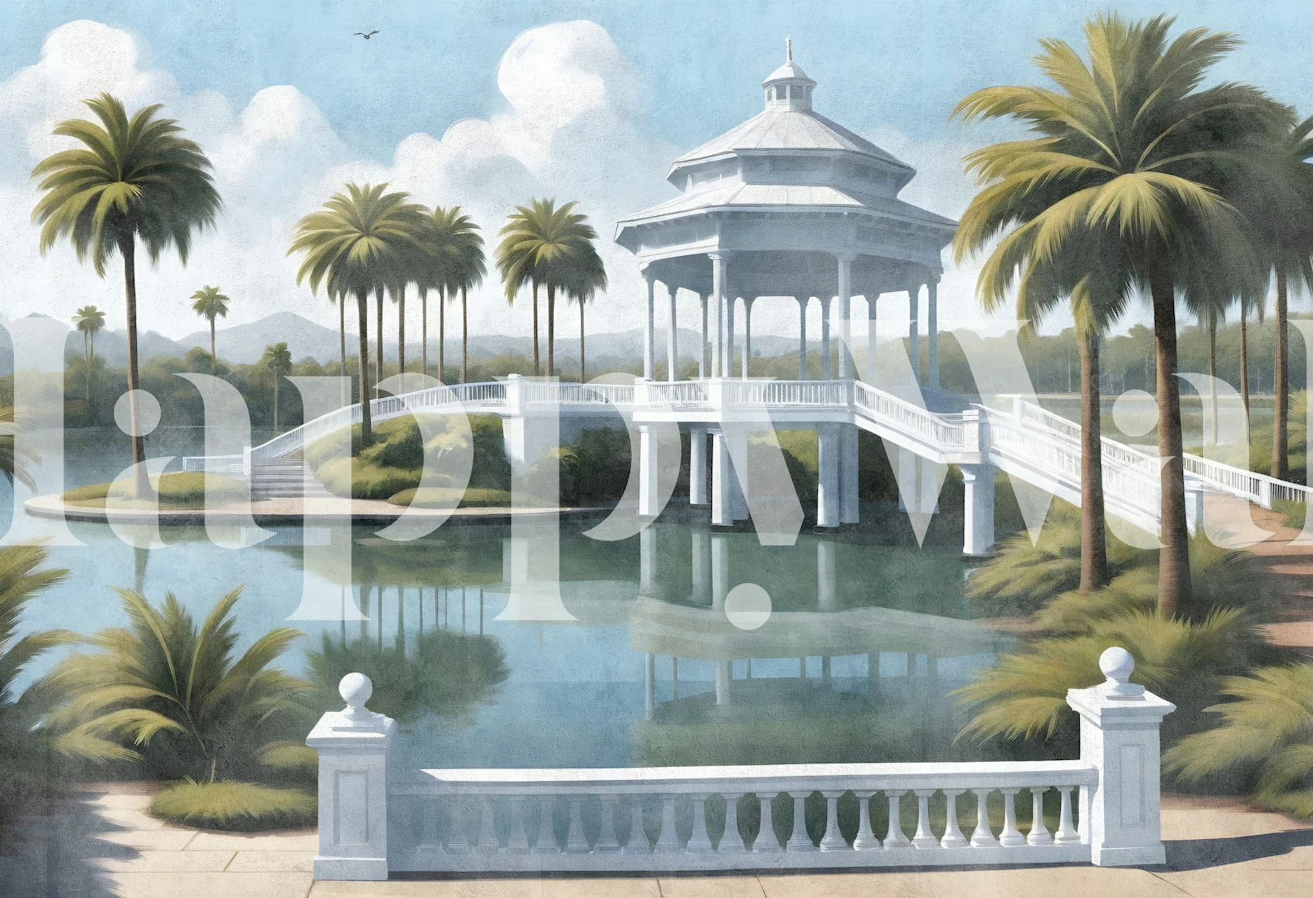 Palm tree lagoon wallpaper in a room