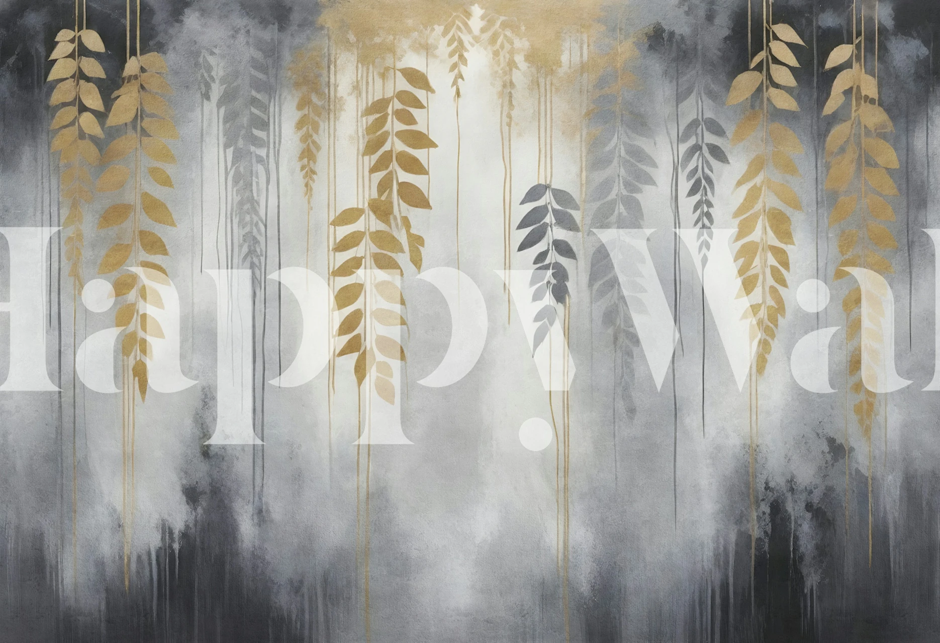 Golden hanging leaves wallpaper in a grey room