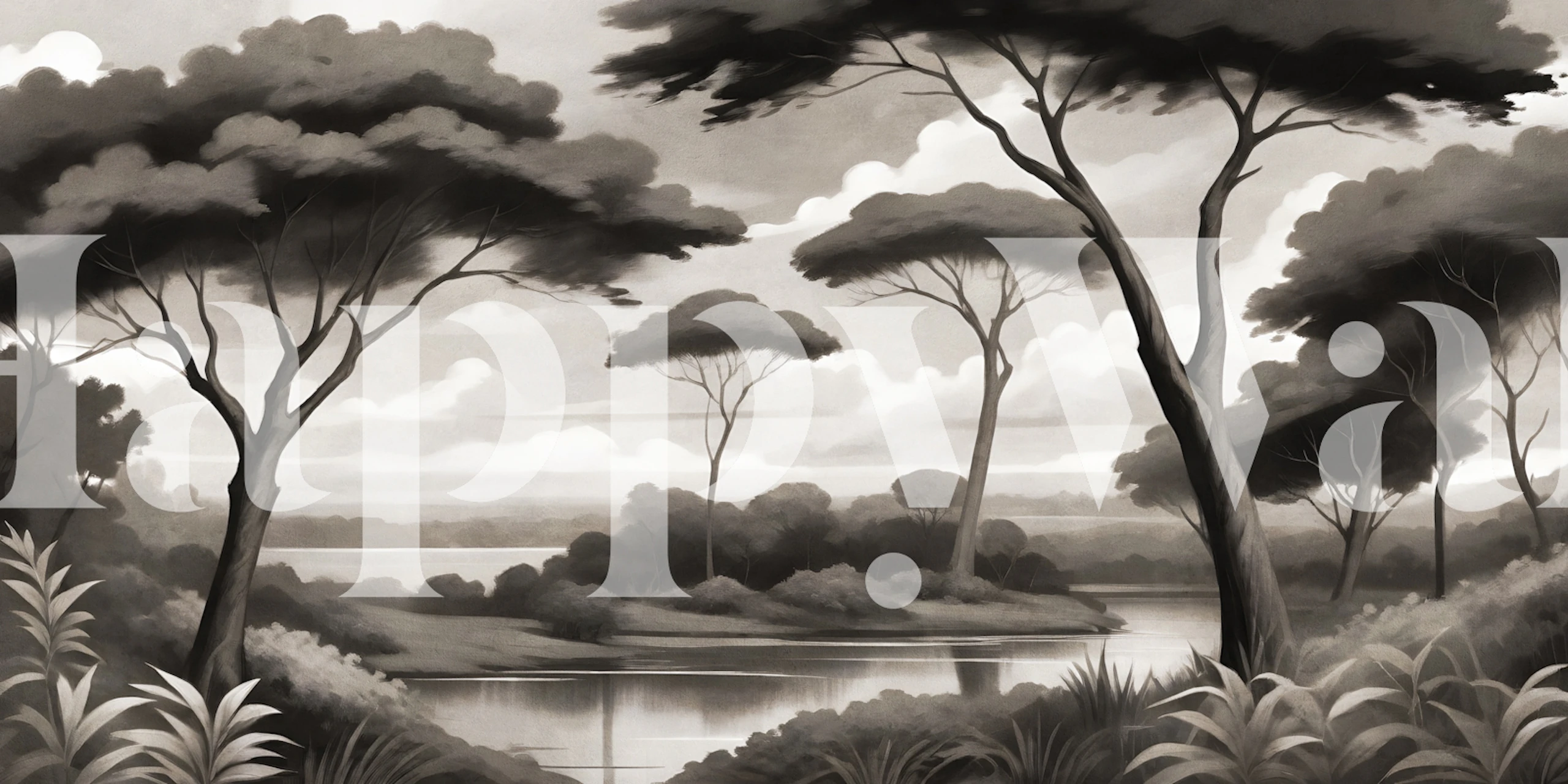 Monochrome forest wallpaper in a lakeside room