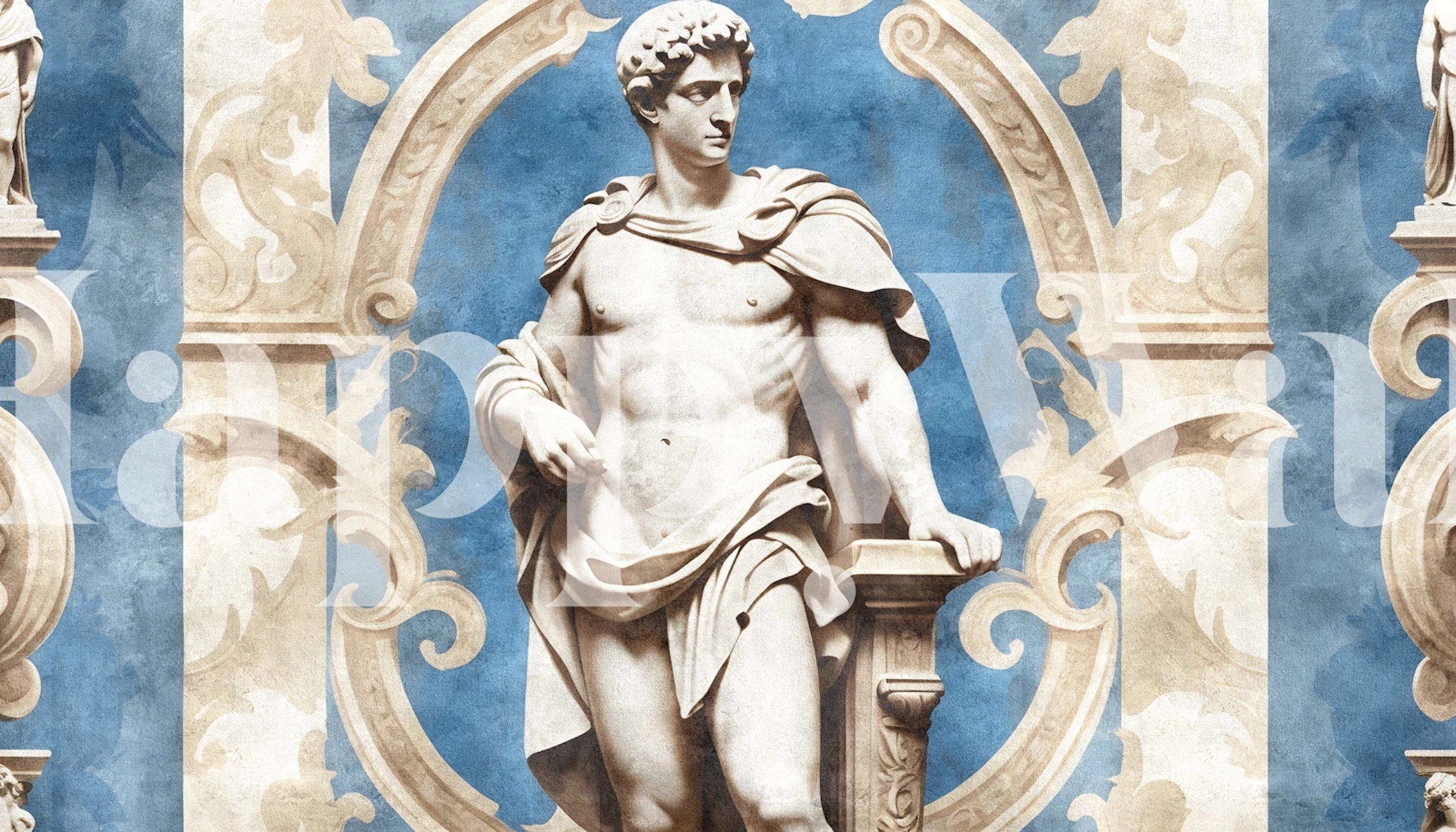 Classical Roman statue wallpaper in blue room