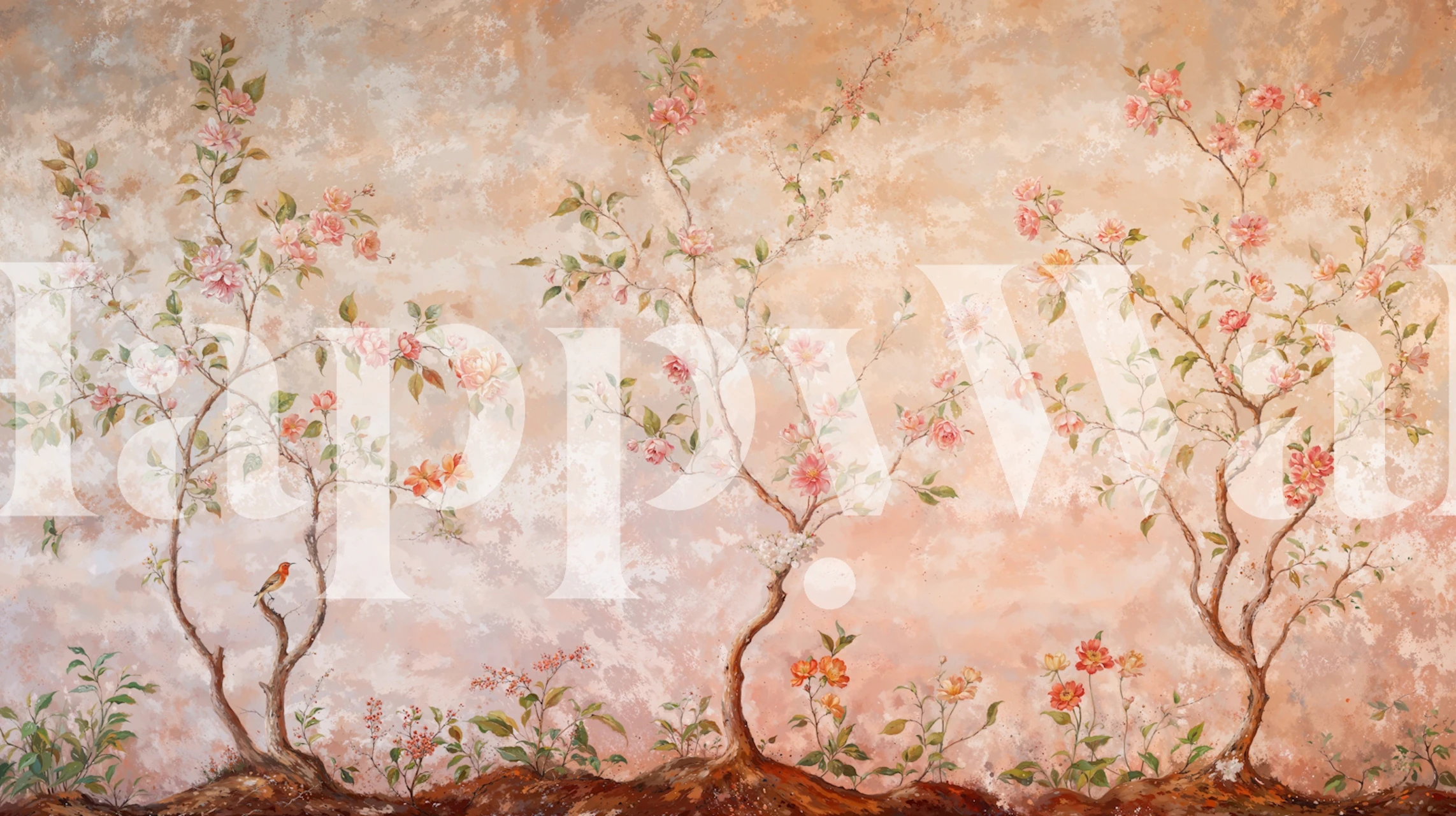 Romantic floral tree branch wallpaper in a room