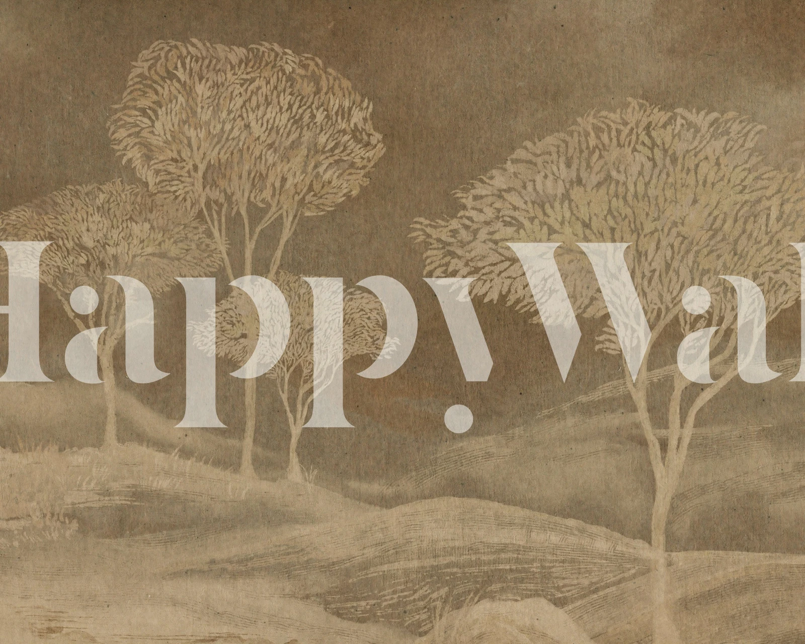 papel pintado de paisaje de árboles en sepia en una habitación