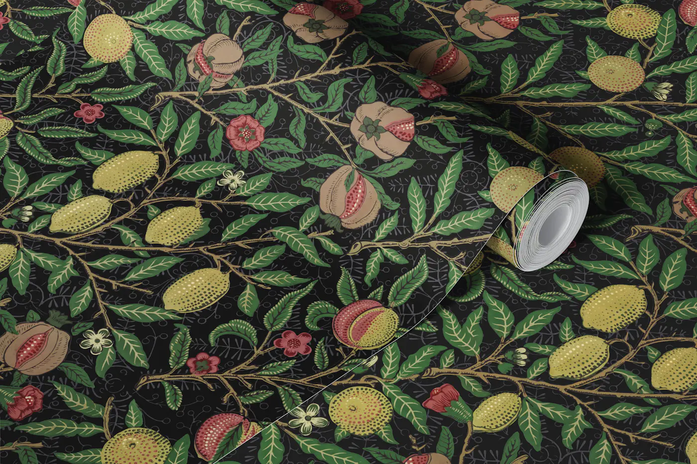 Fruit in Original Black - Arts & Crafts wallpaper roll