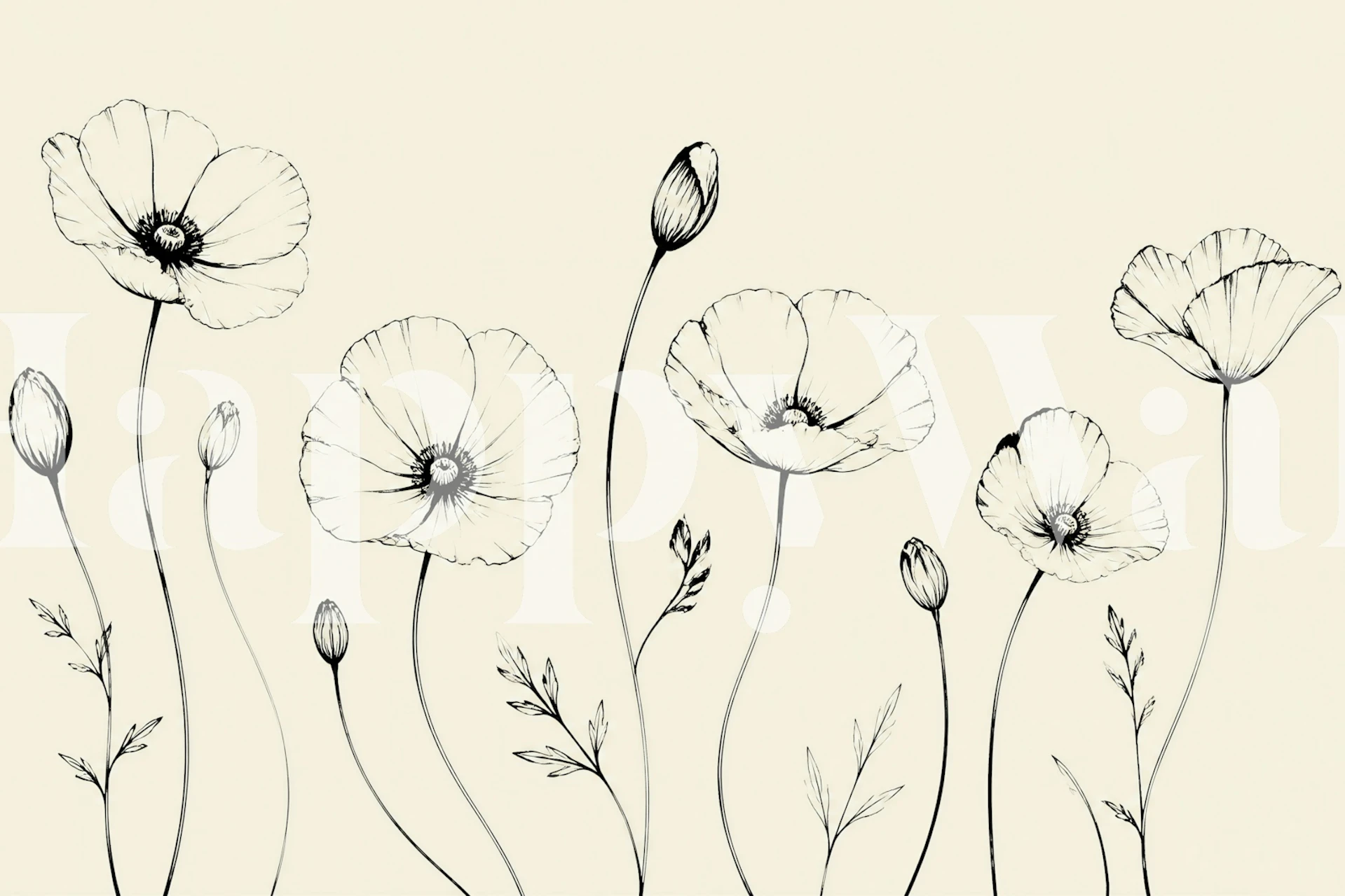 Minimal poppy line art wallpaper in a beige room