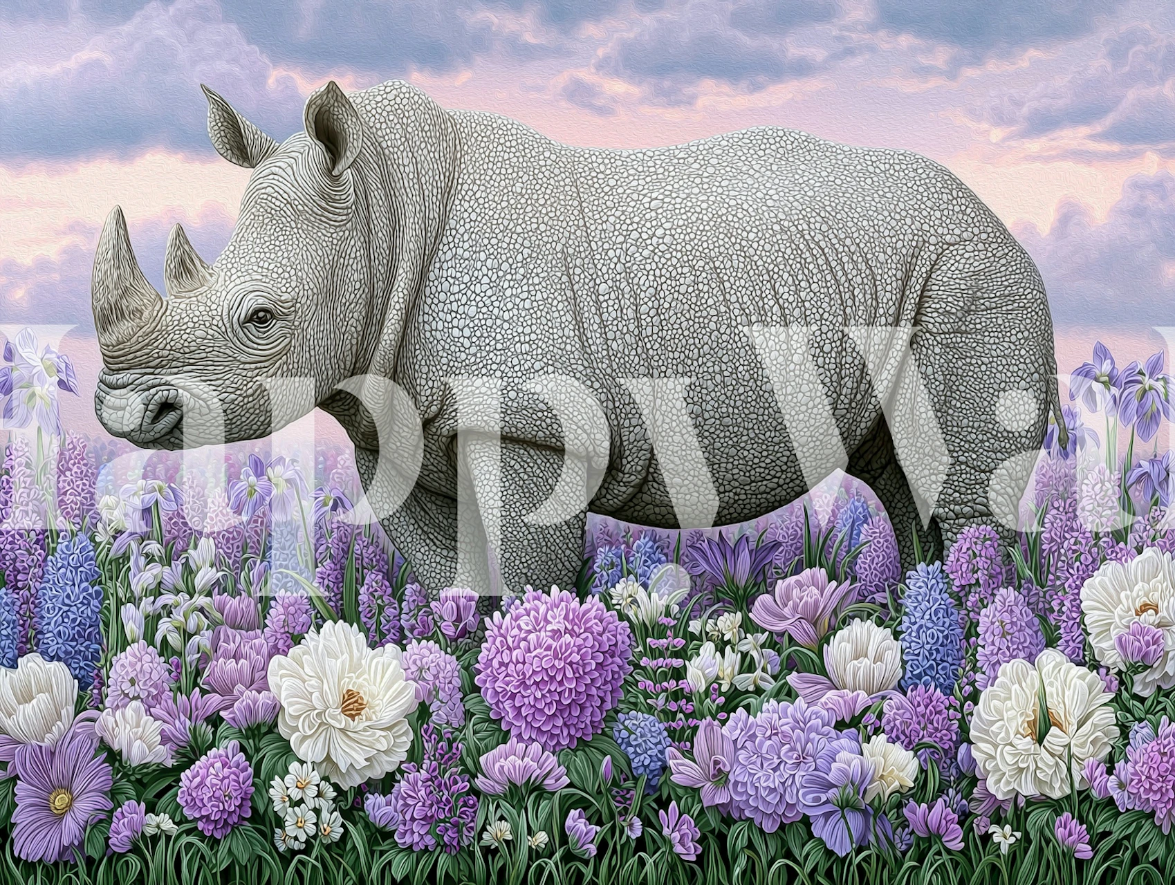 Rhino wallpaper in room with purple flowers