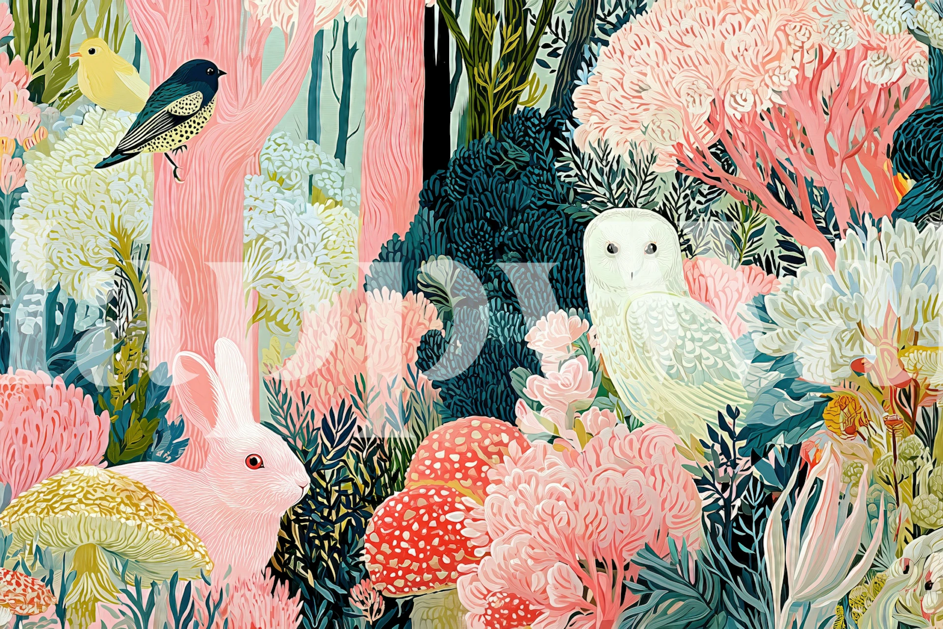 Woodland animal wallpaper in a styled room