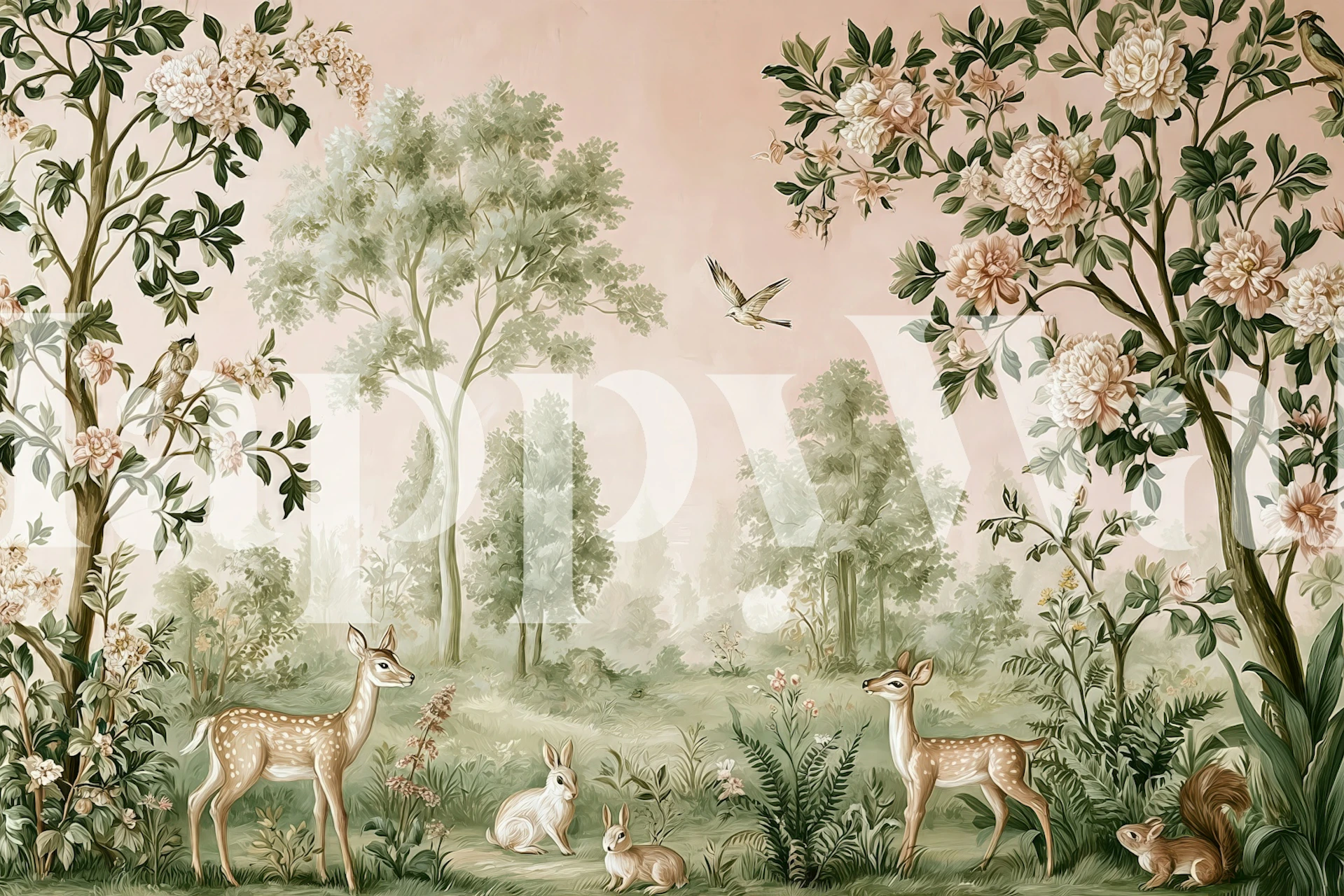 Pastel forest wallpaper with deer in a room