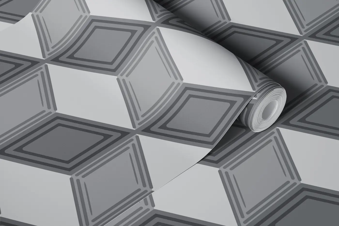 3d Cube Grid Geometric - monochrome grey M wallpaper roll