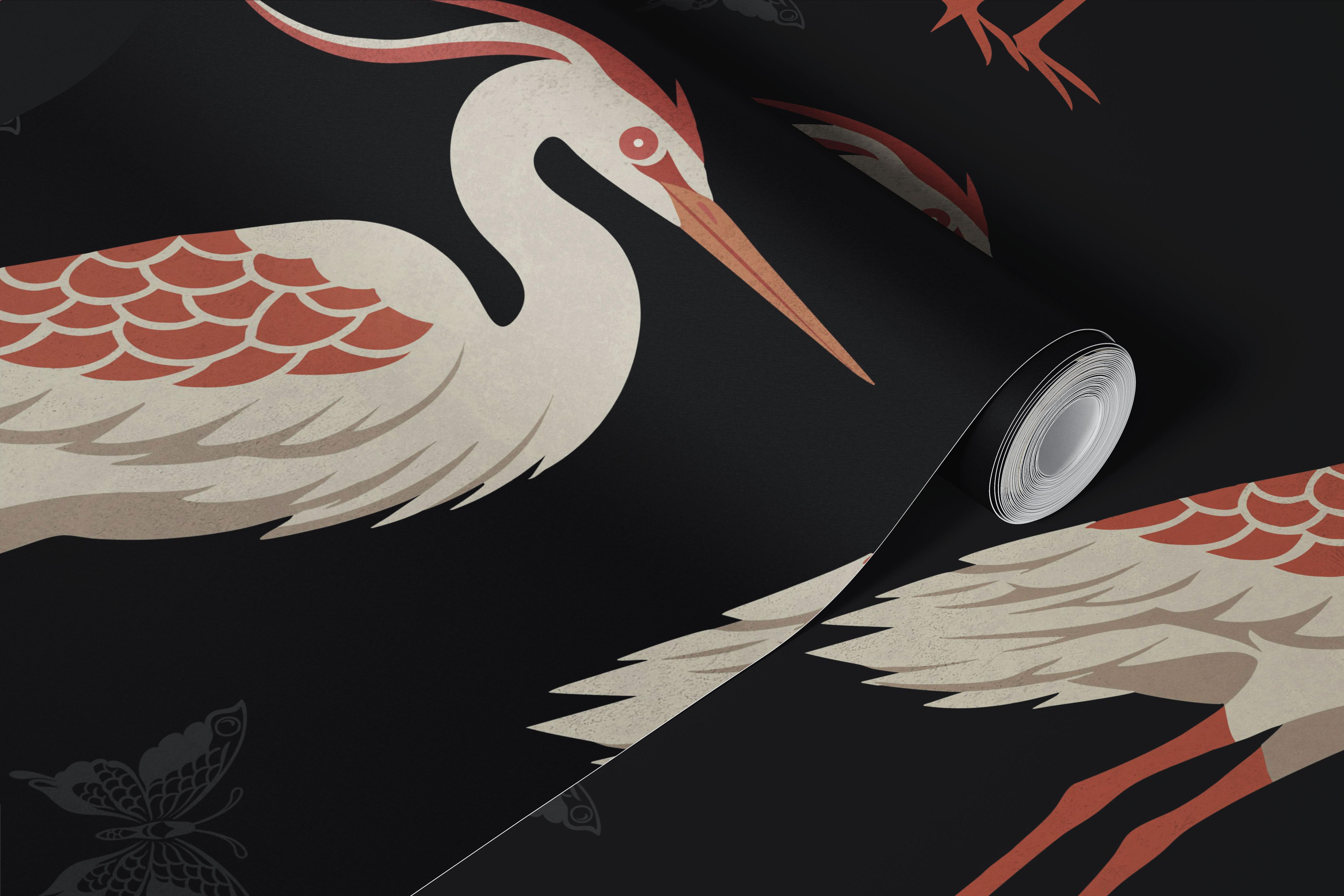 Dark room with muted heron bird wallpaper