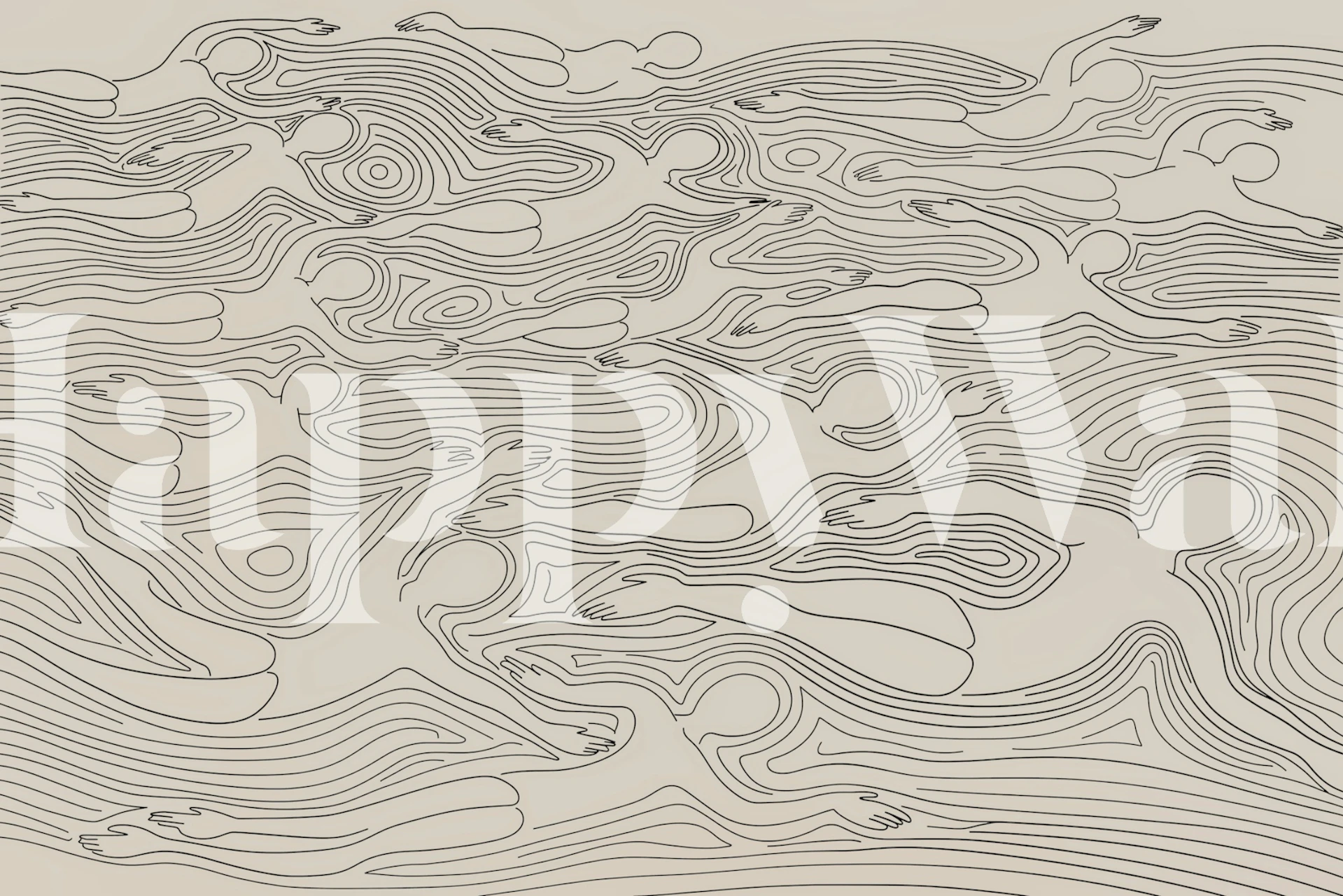 Abstract swimmers line art wallpaper in beige room