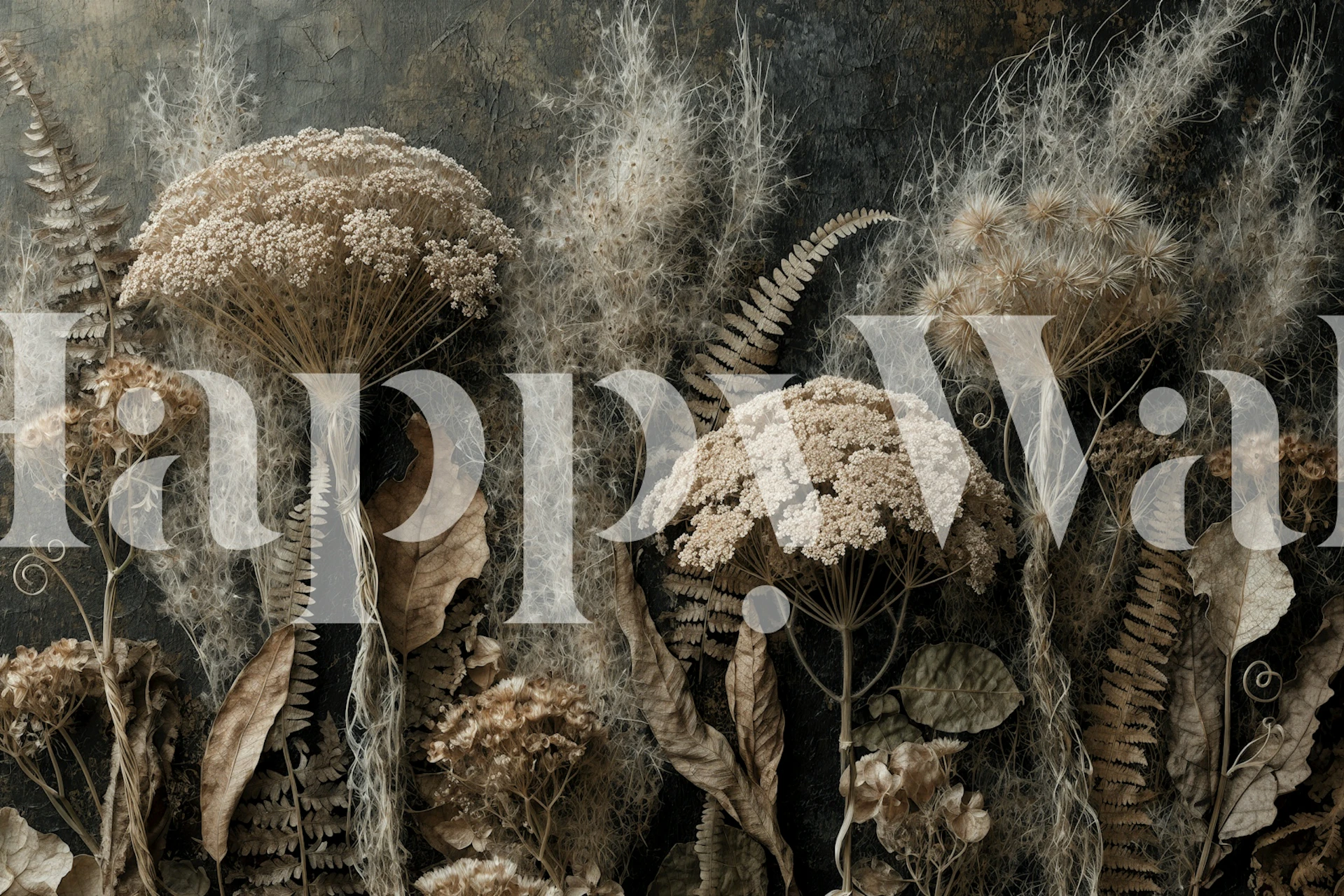 Moody dried wildflowers wallpaper in a room