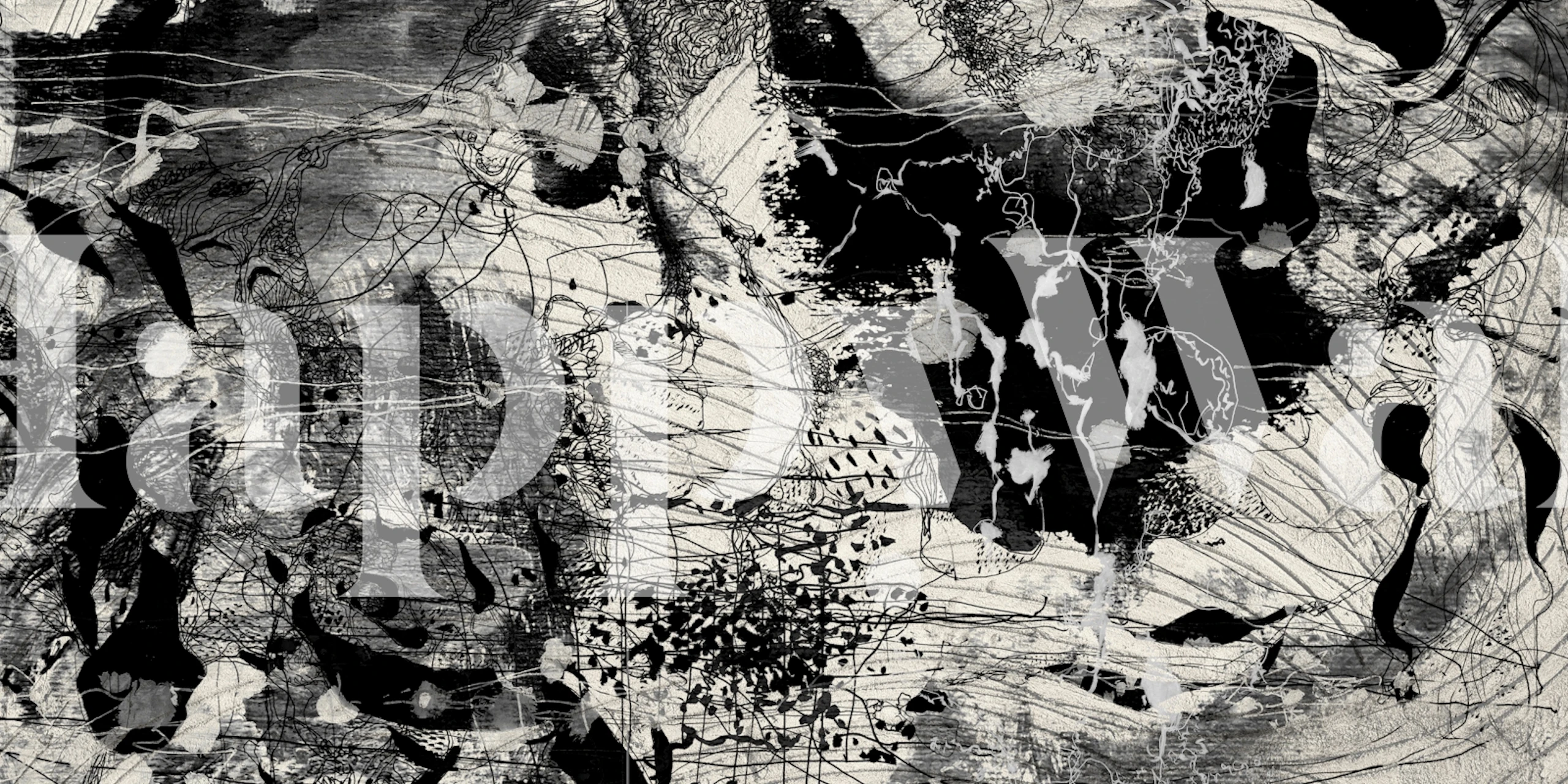 Abstract black and white ink wallpaper in a room