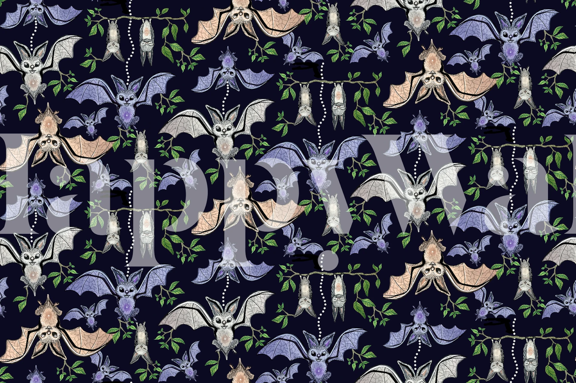 Bats and leaves on navy background wallpaper