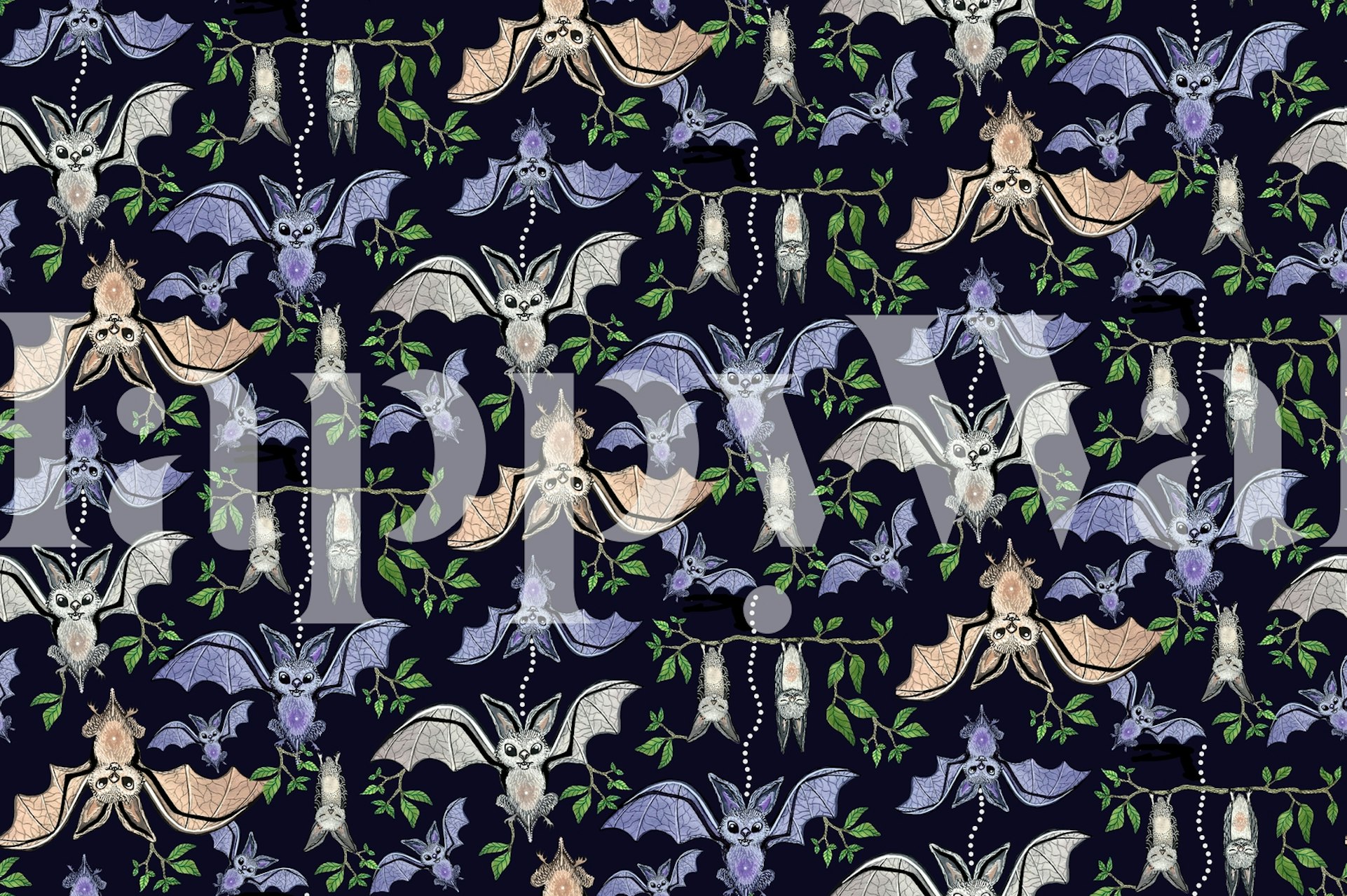 Bats and leaves on navy background wallpaper