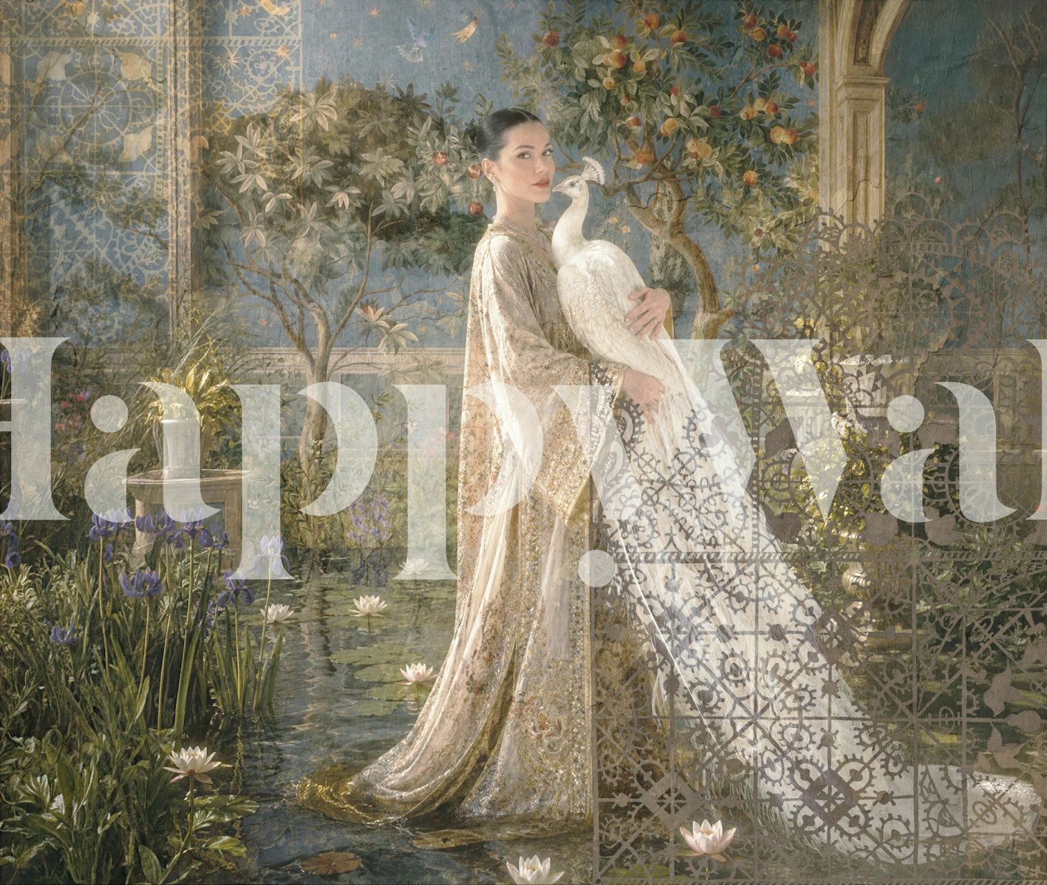 Lady With White Peacock wallpaper