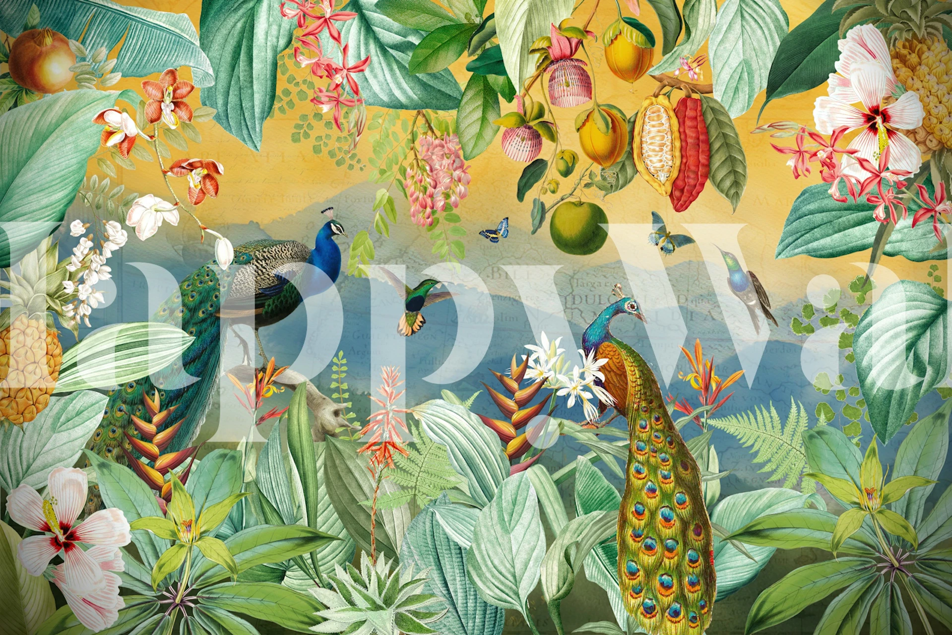 Tropical peacock wallpaper in a botanical room