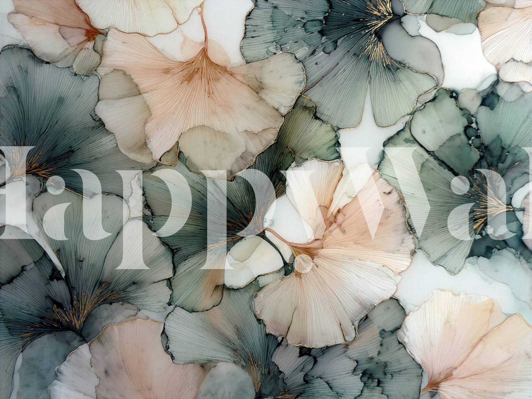 Muted teal and blush flower wallpaper in room