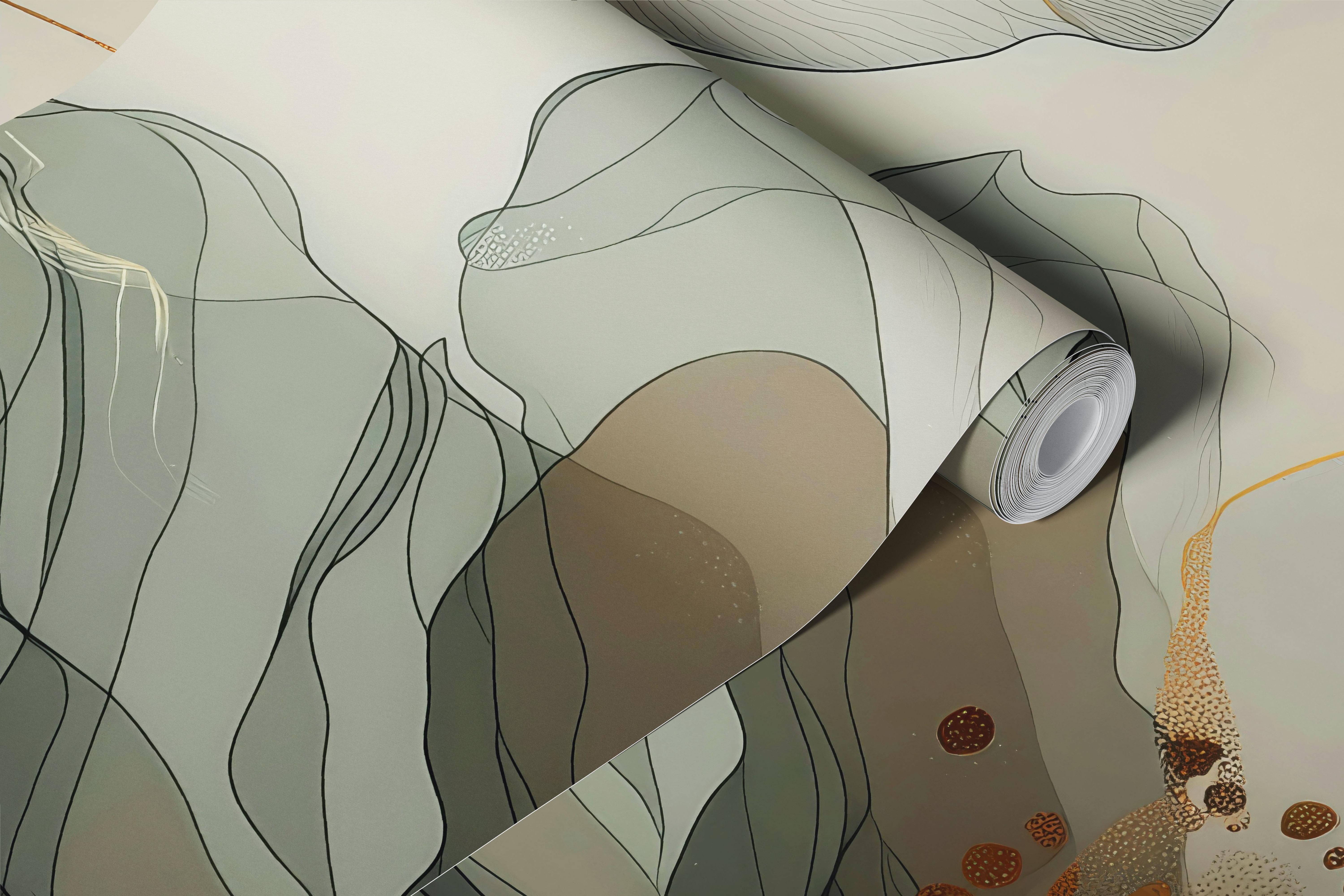 Sage floral line art wallpaper in a modern room