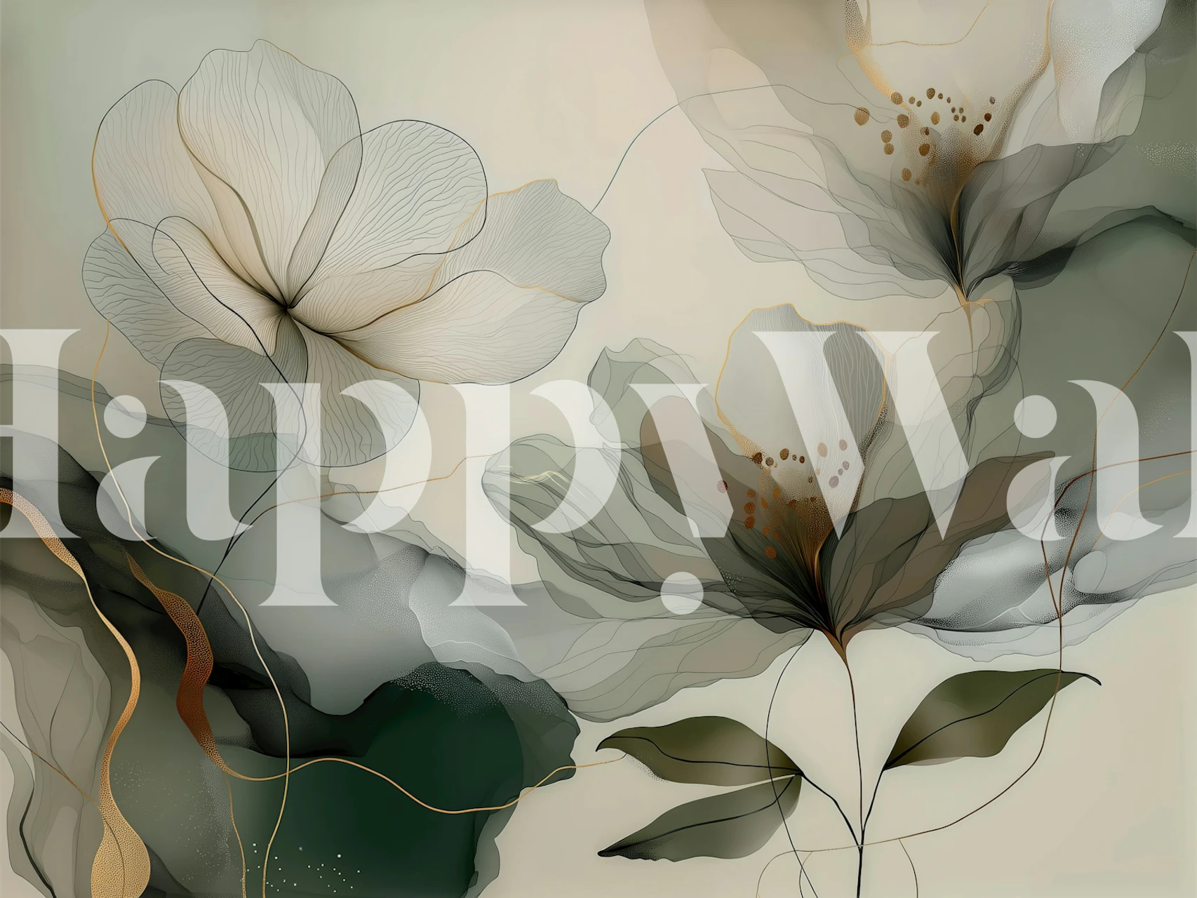 Sage floral line art wallpaper in a room