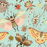 Whimsical bugs light blue - medium scale tapet