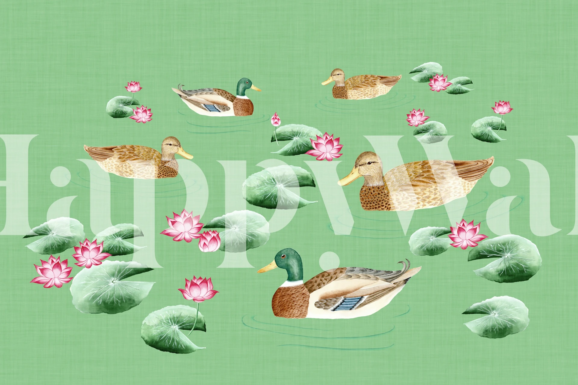 Ducks in lotus pond - emerald green wallpaper