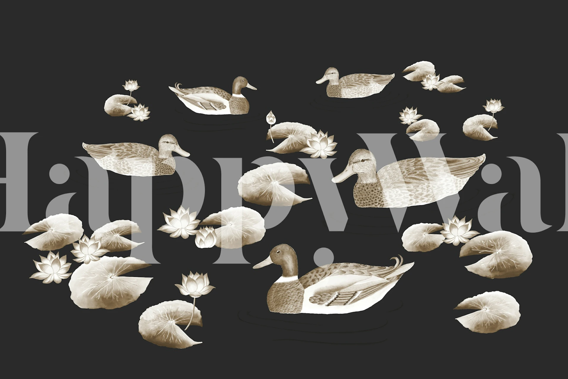 Duck and lotus pond wallpaper in black room