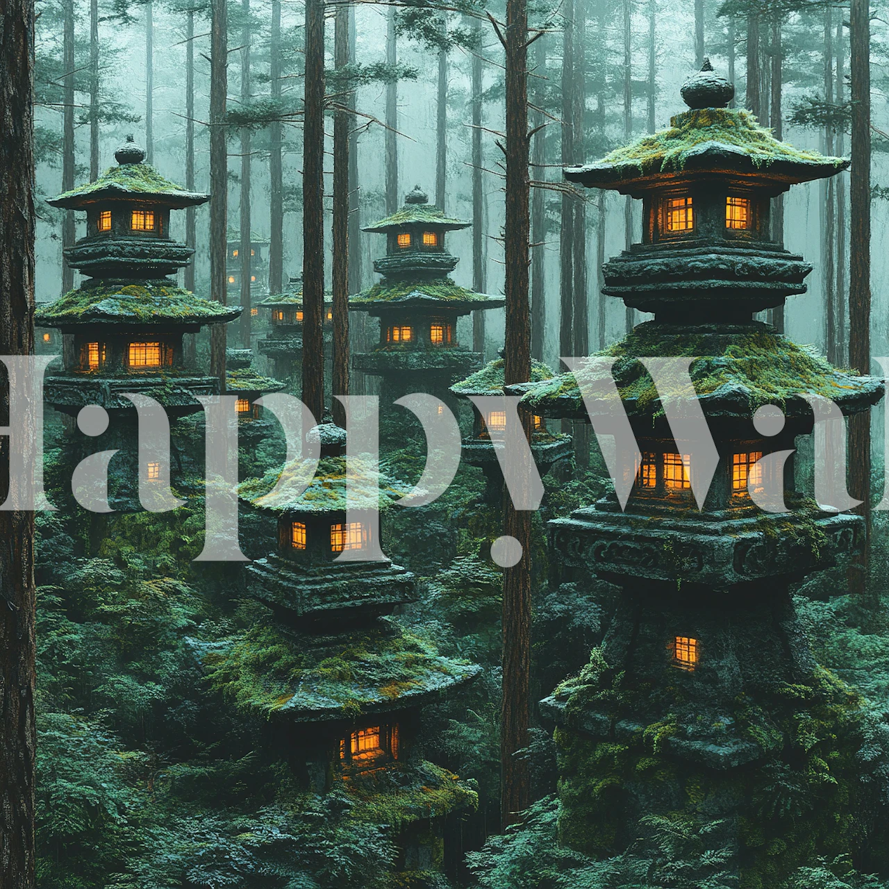 Mossy forest lantern wallpaper in a room