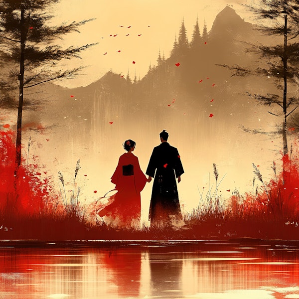 Japanese Couple in Red Landscape