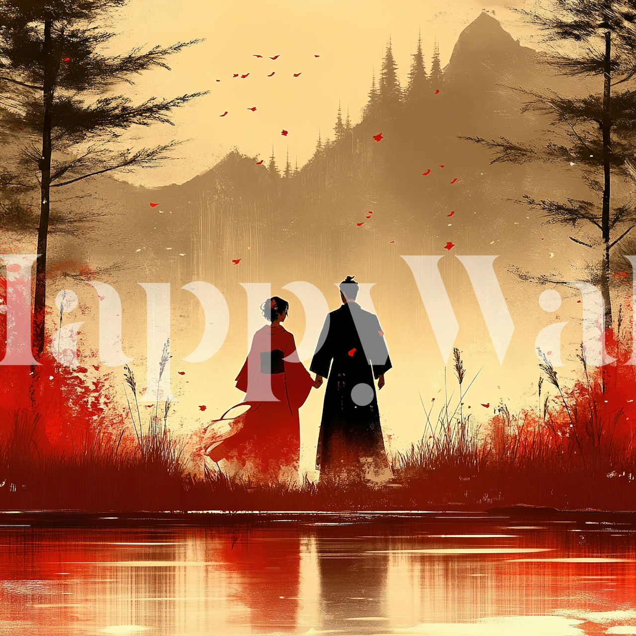 Japanese couple wallpaper in room with red landscape