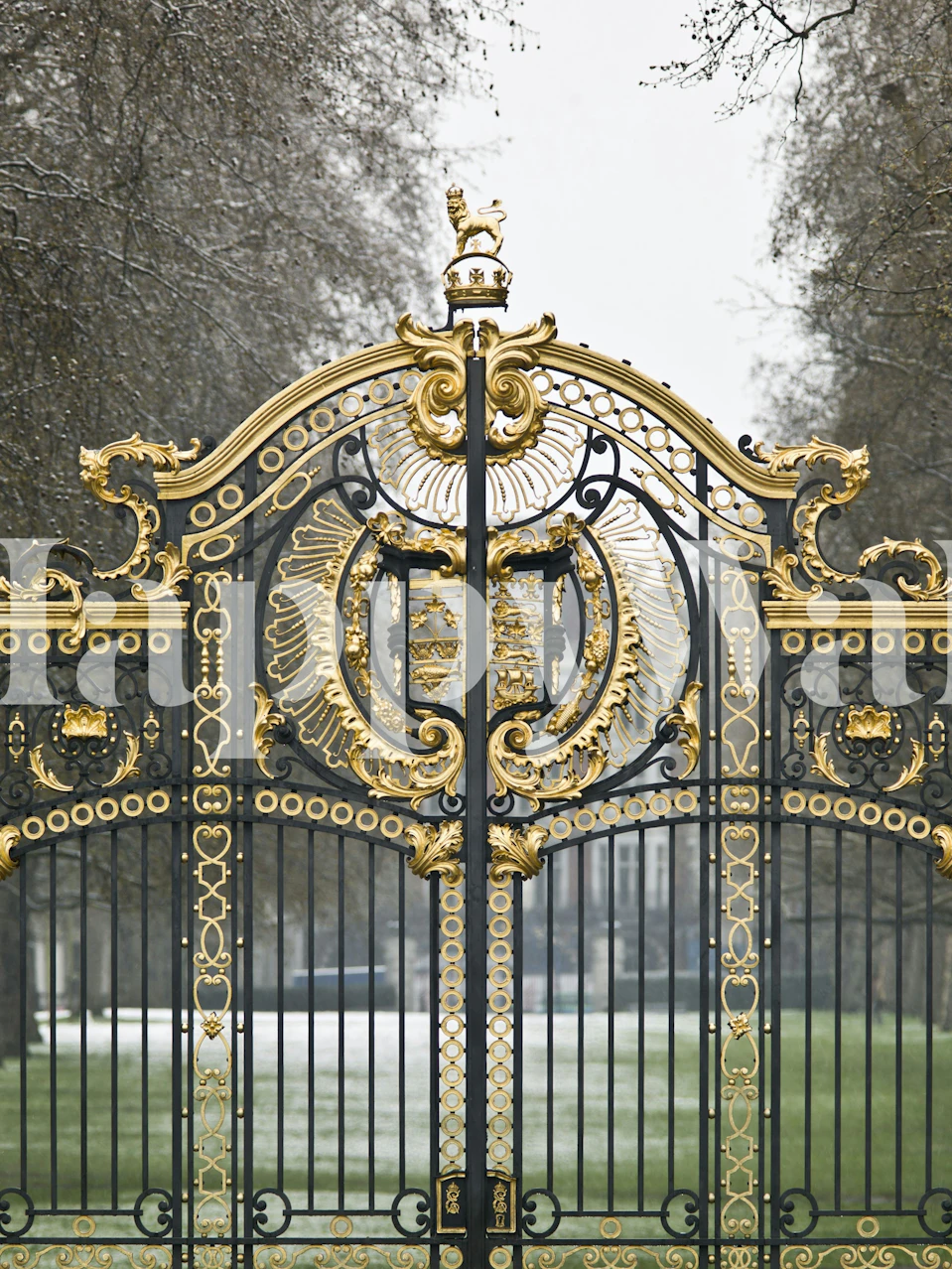 Ornate gold palace gate wallpaper in a room