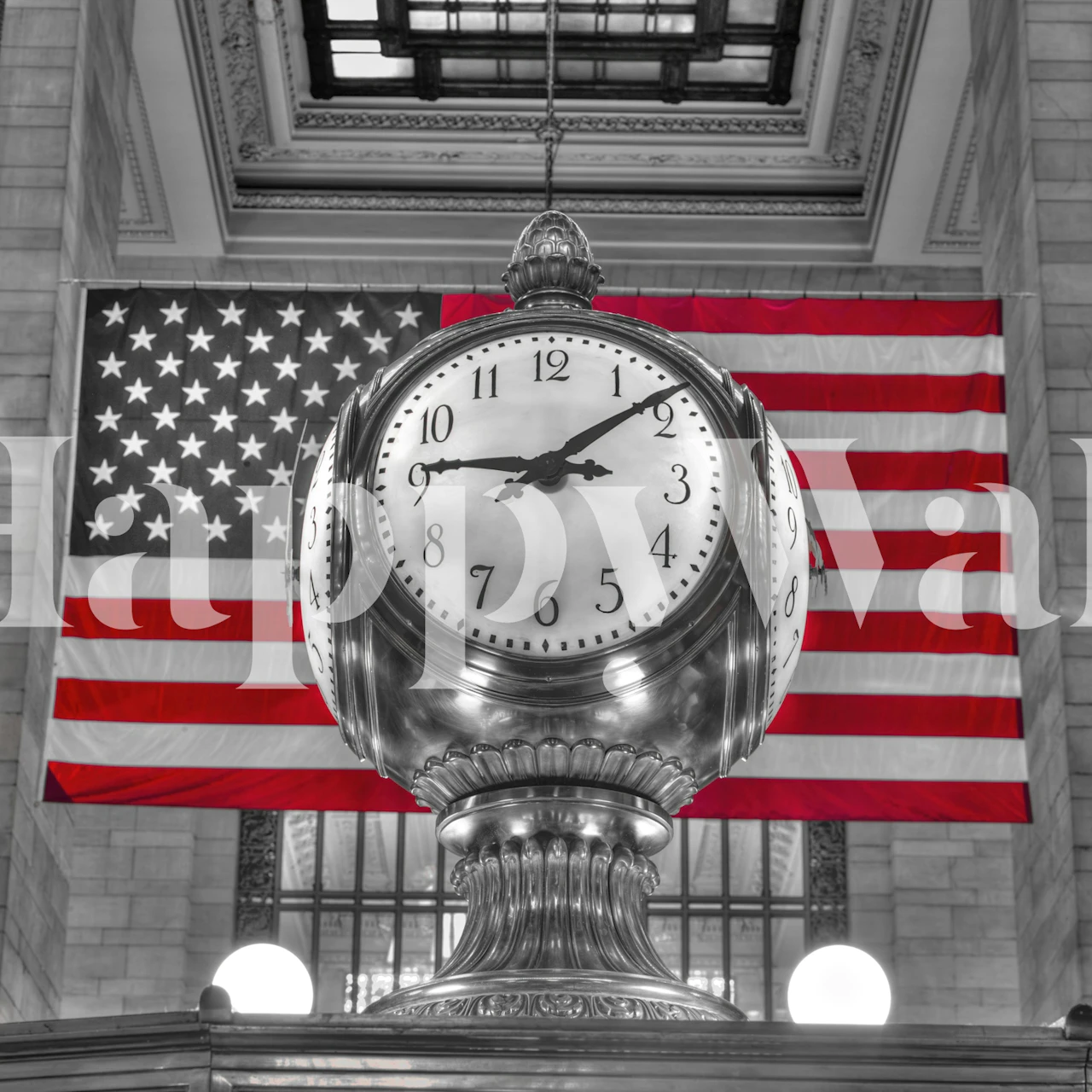 American flag and station clock wallpaper in room