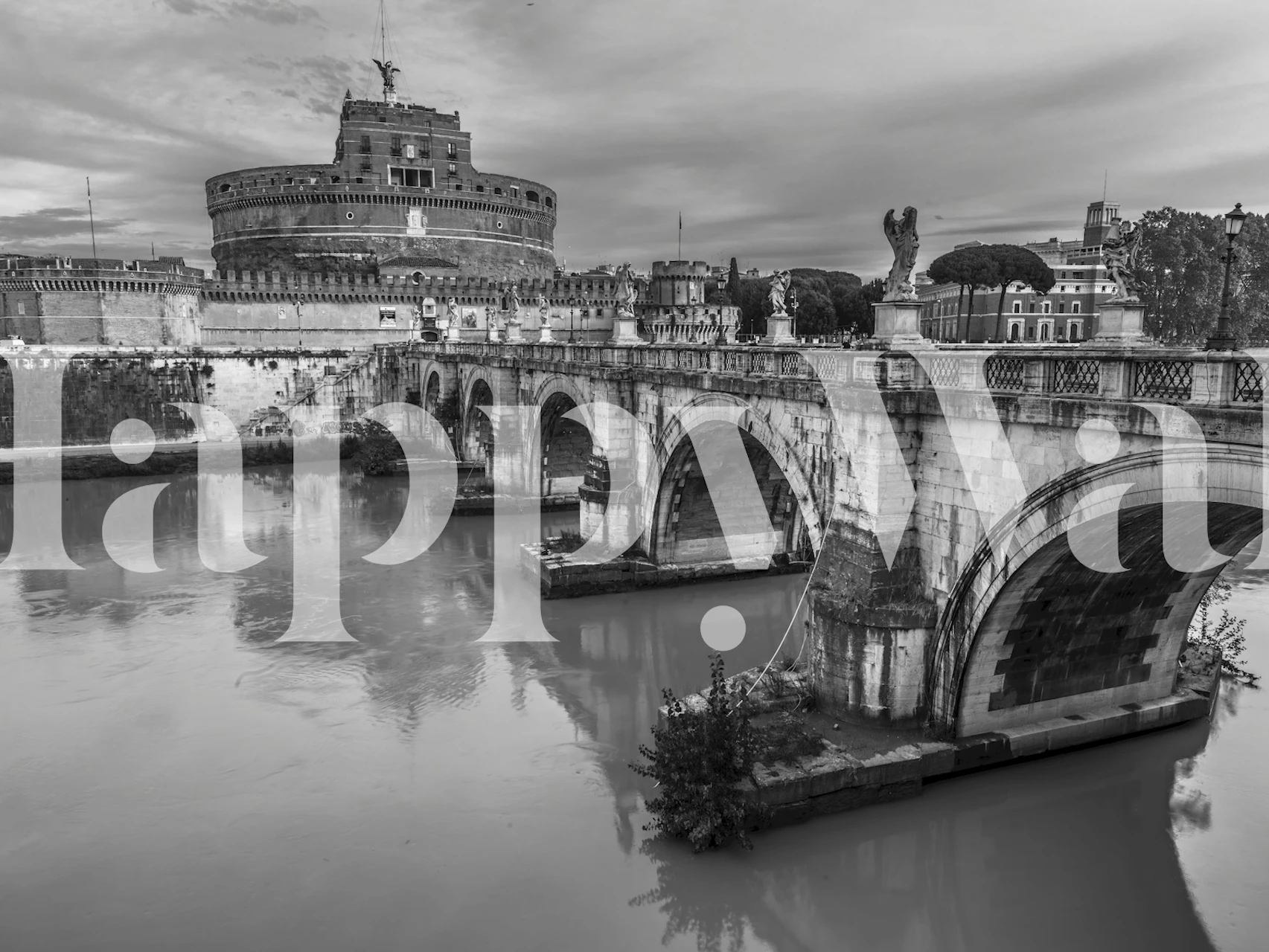Black and white Rome bridge wallpaper in room