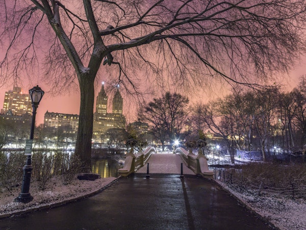 Snowy Park Bridge at Pink Dusk
