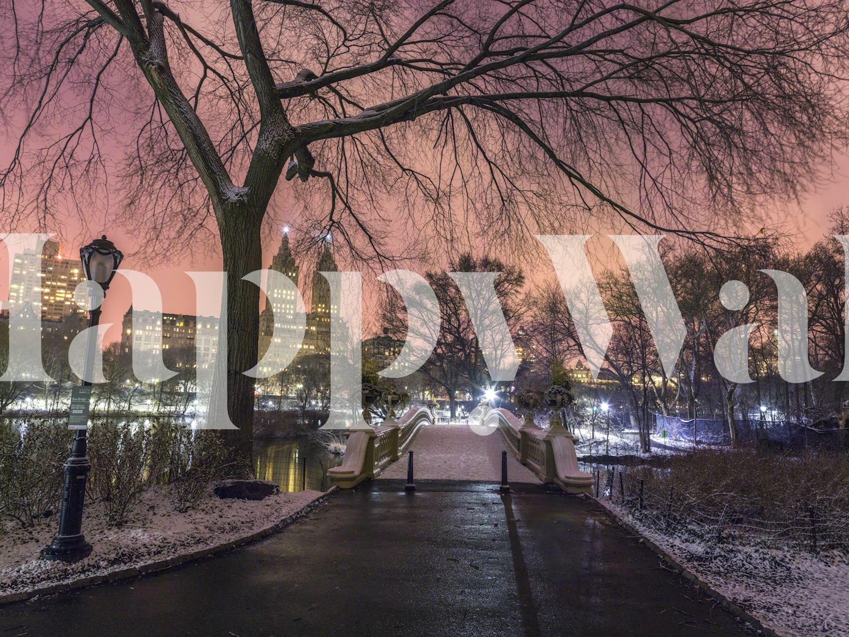 Snowy park bridge wallpaper in a pink dusk room