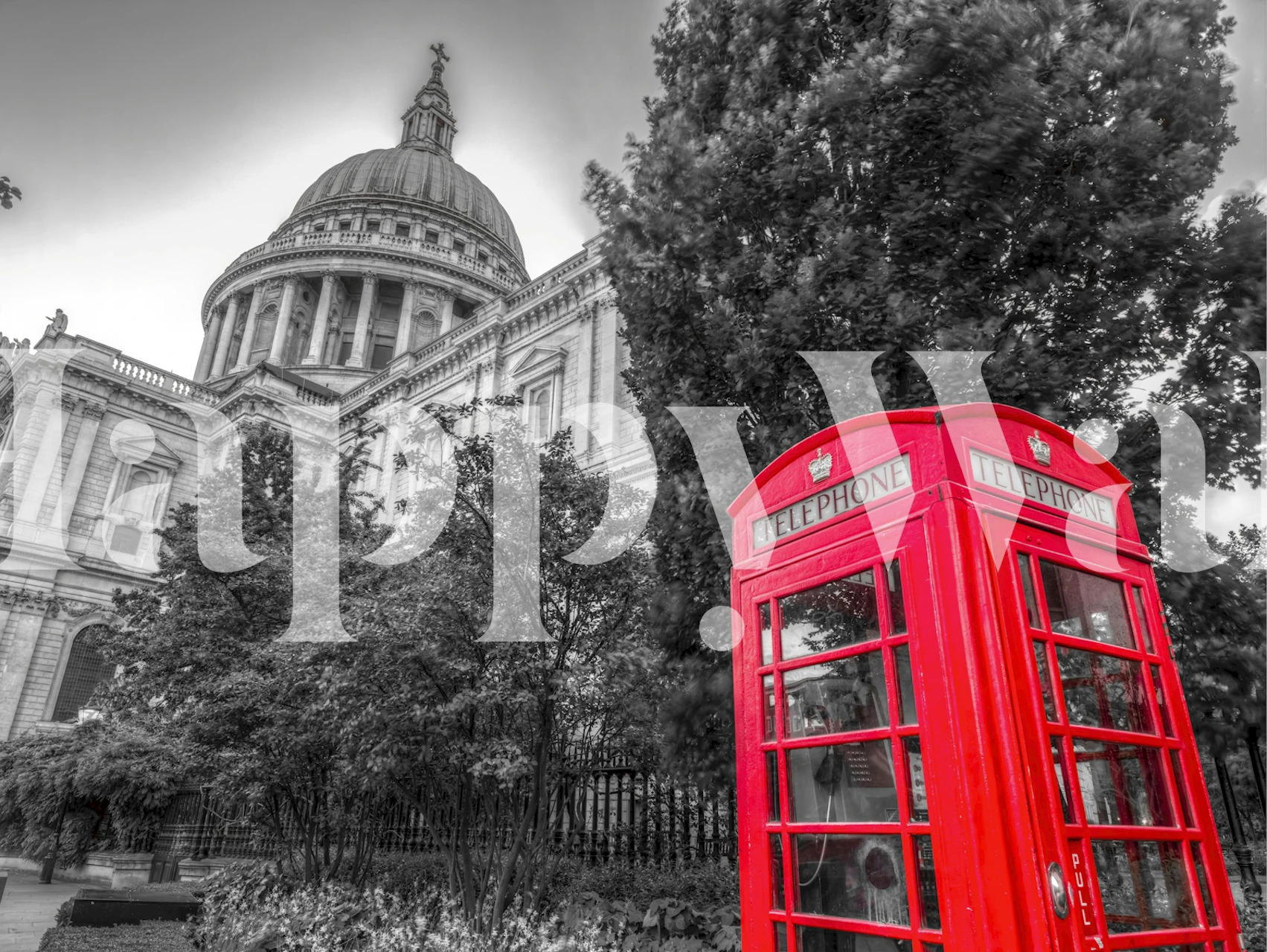 Red phone booth wallpaper in a modern room