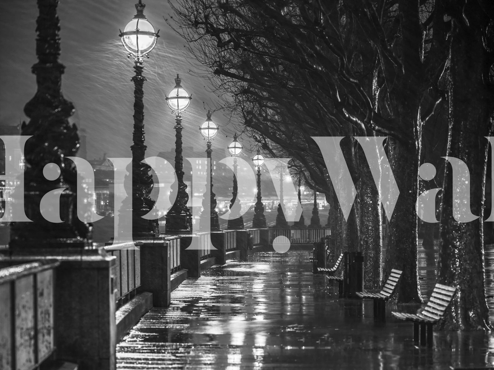 Rainy black and white riverwalk wallpaper in room