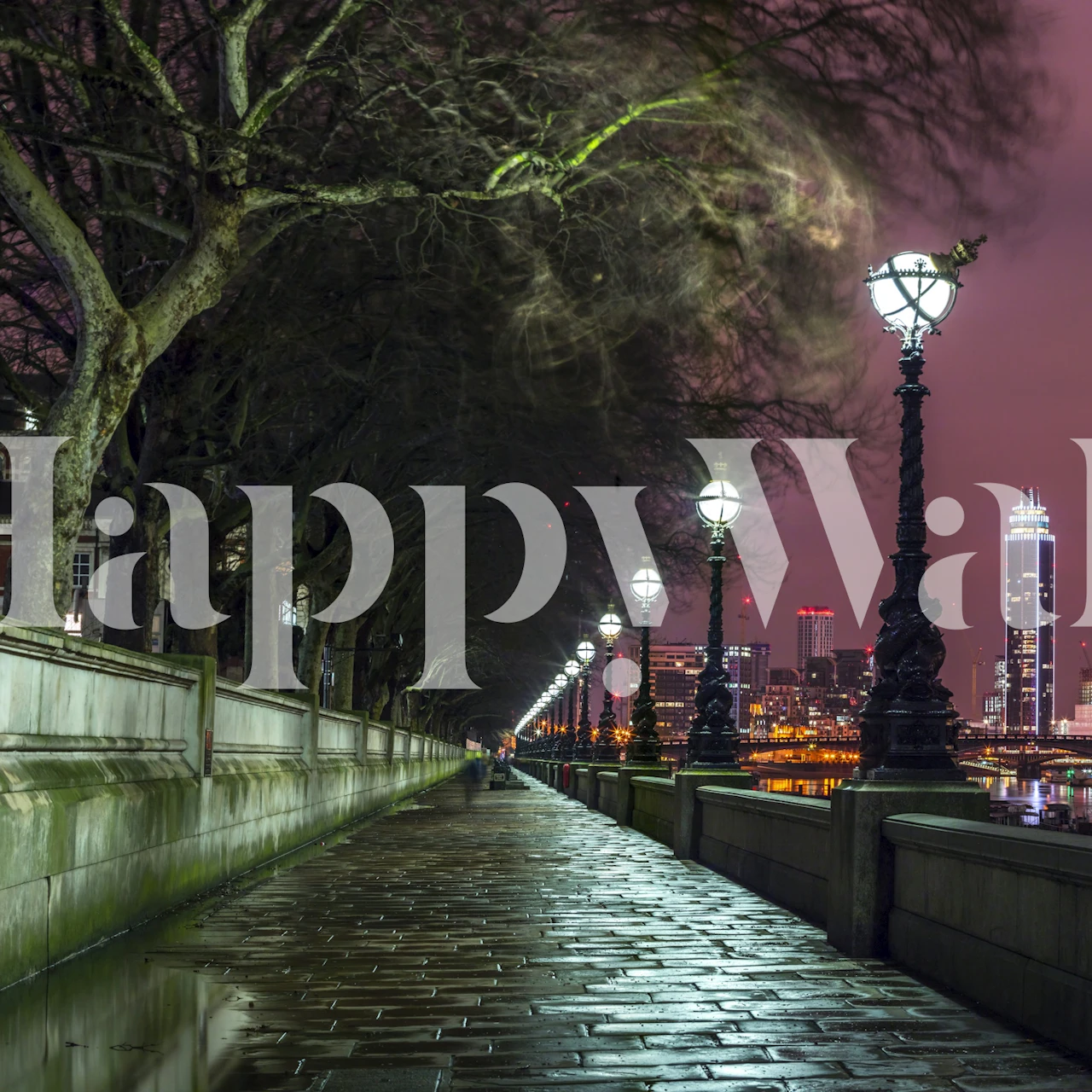 Misty riverside promenade wallpaper in a room