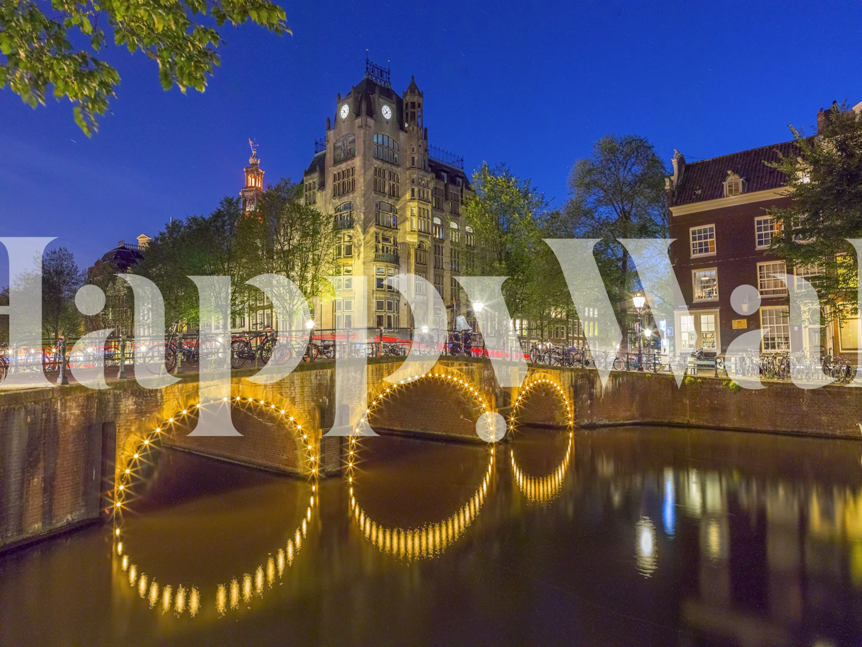 Amsterdam canal wallpaper in room at night