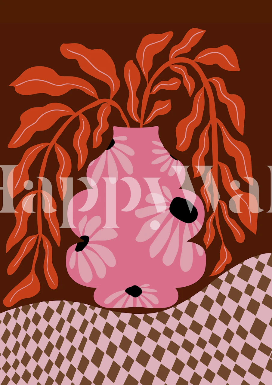 Fern wallpaper in room with pink vase motif